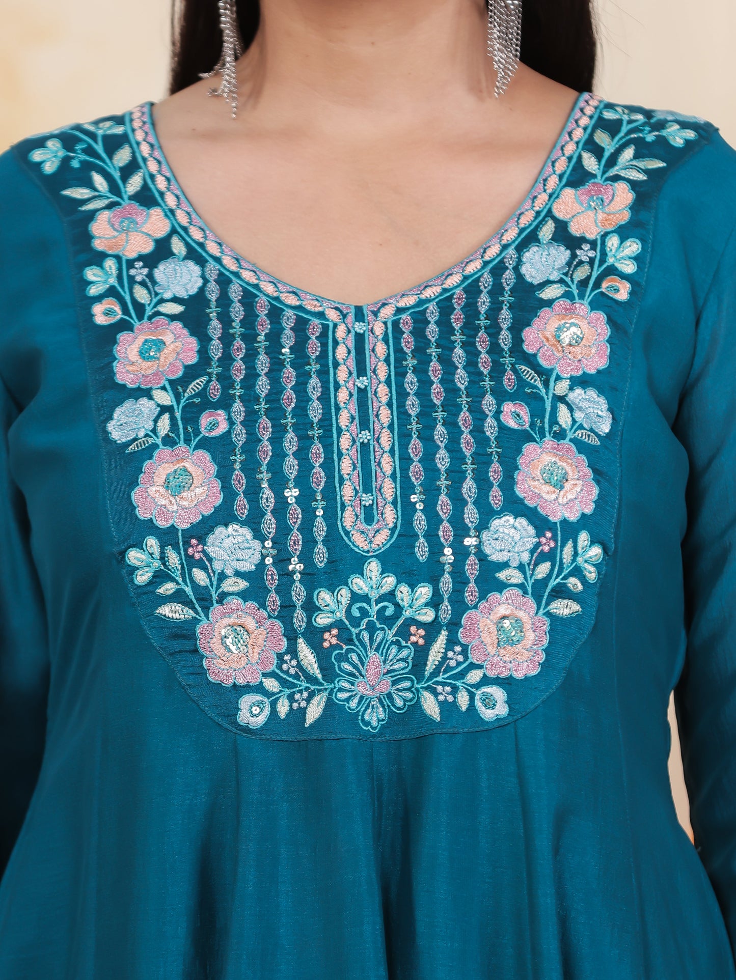 Embroidered Teal Roman silk Gathered Kurta