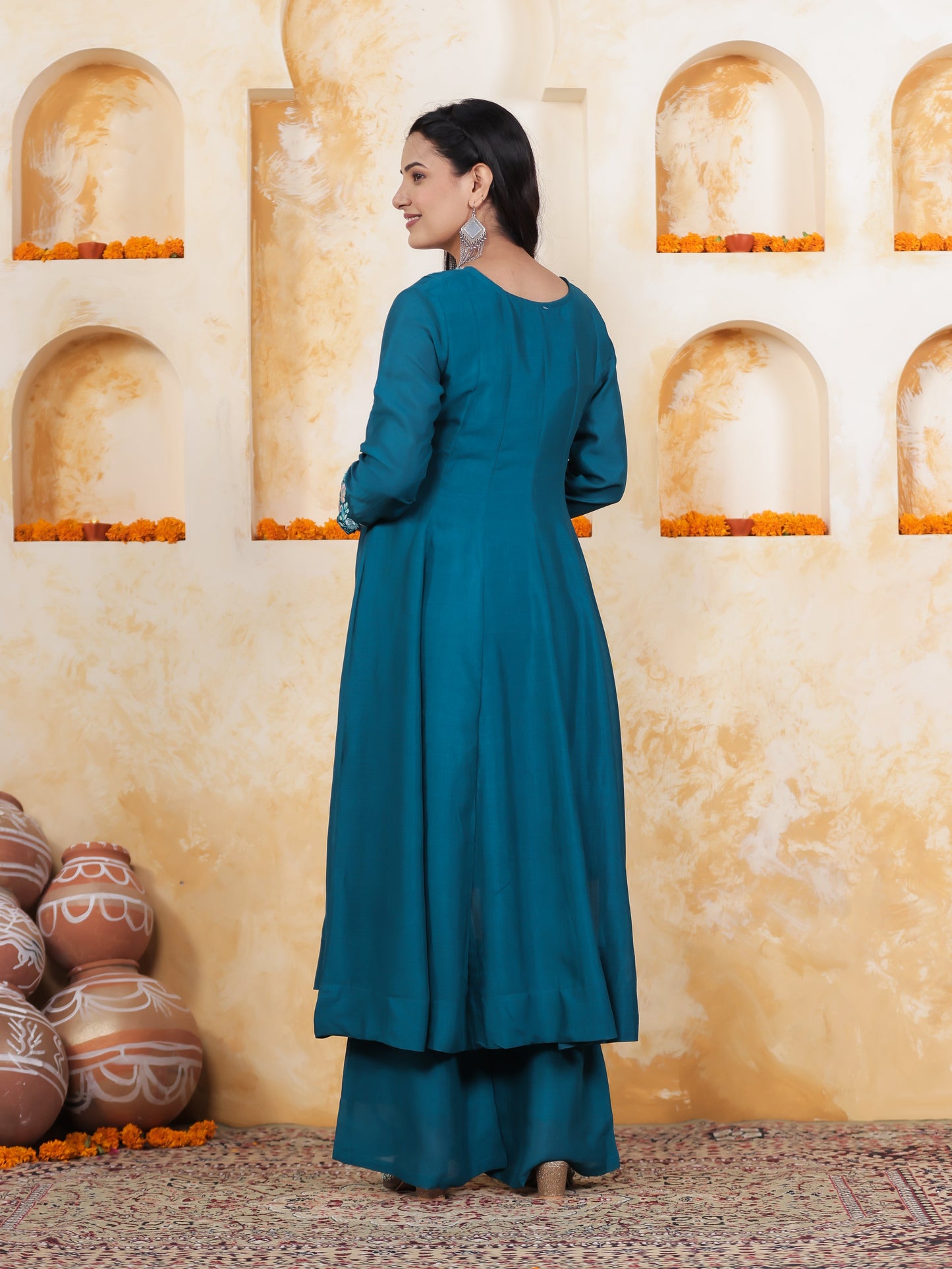 Embroidered Teal Roman silk Gathered Kurta