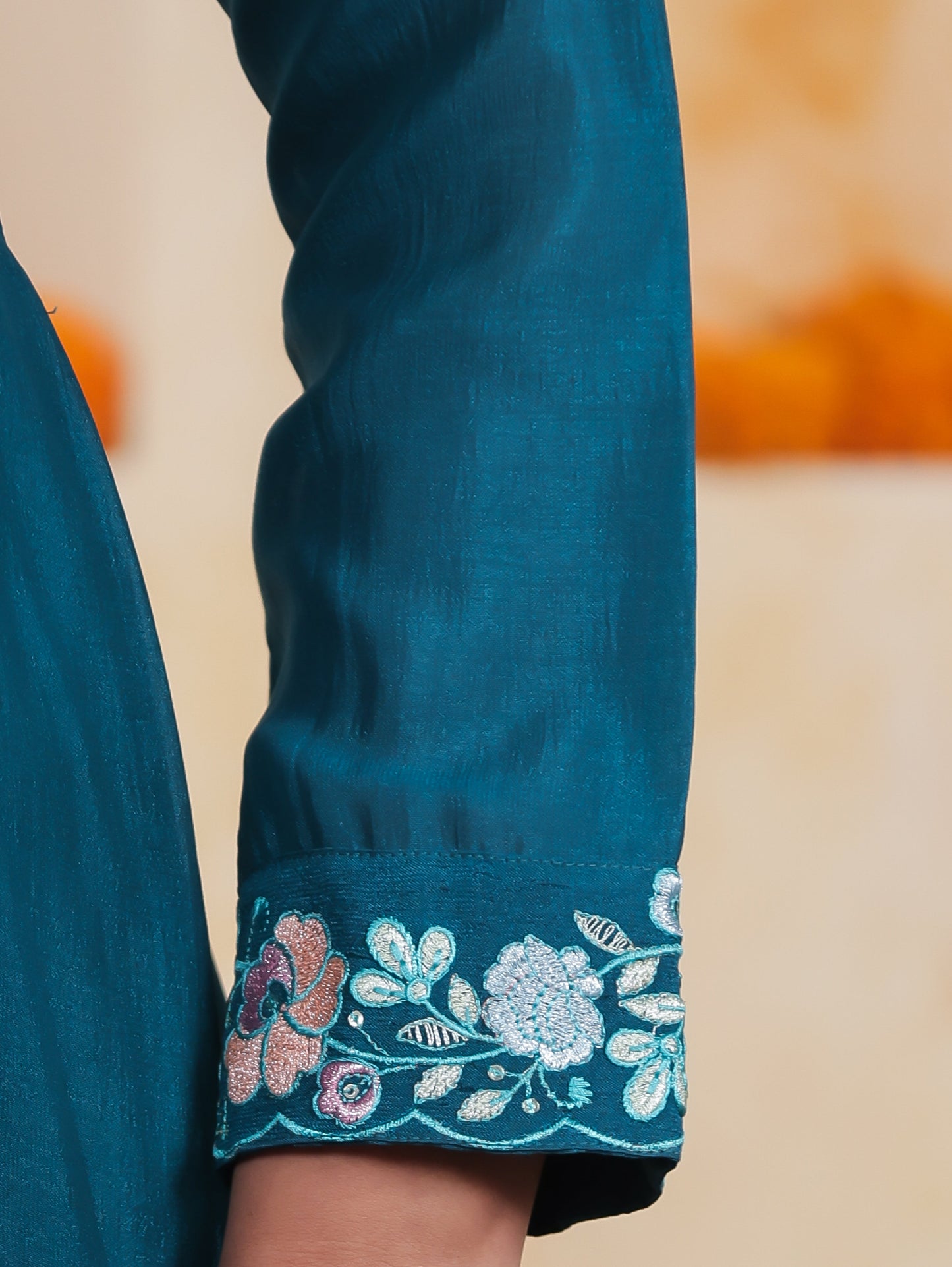 Embroidered Teal Roman silk Gathered Kurta