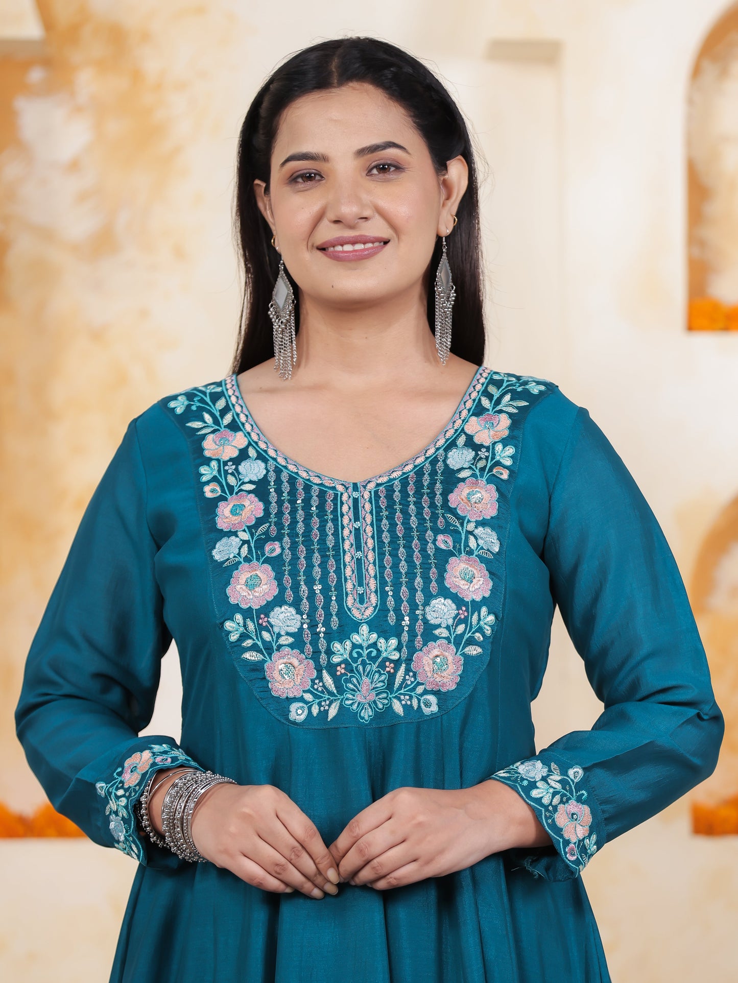 Embroidered Teal Roman silk Gathered Kurta
