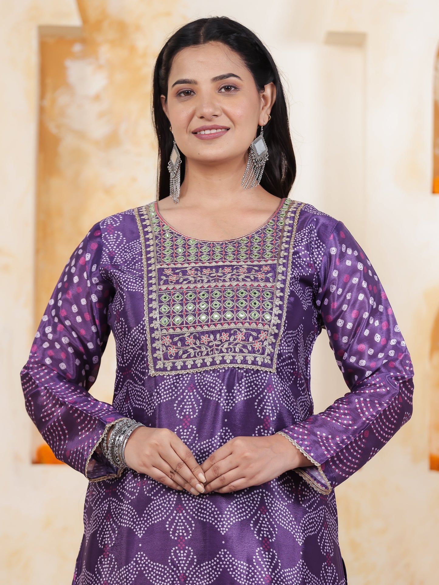 Mirror Embroidery Blue Border print Chanderi Straight Kurta