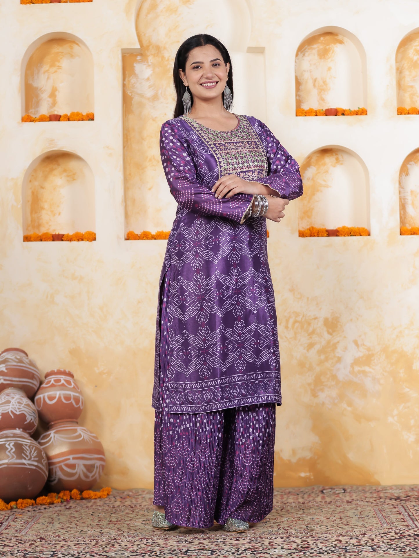 Mirror Embroidery Blue Border print Chanderi Straight Kurta