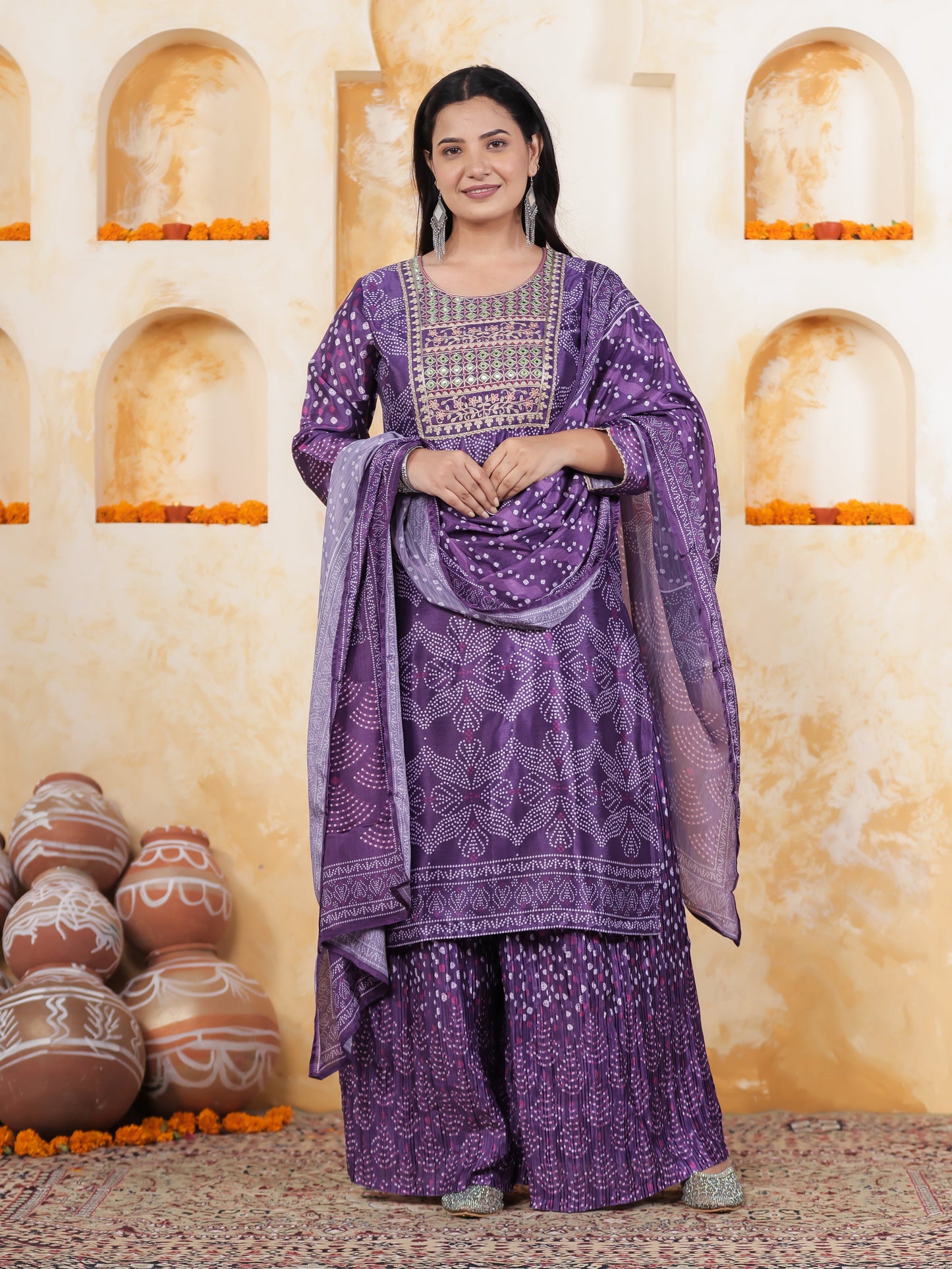 Mirror Embroidery Blue Border print Chanderi Straight Kurta