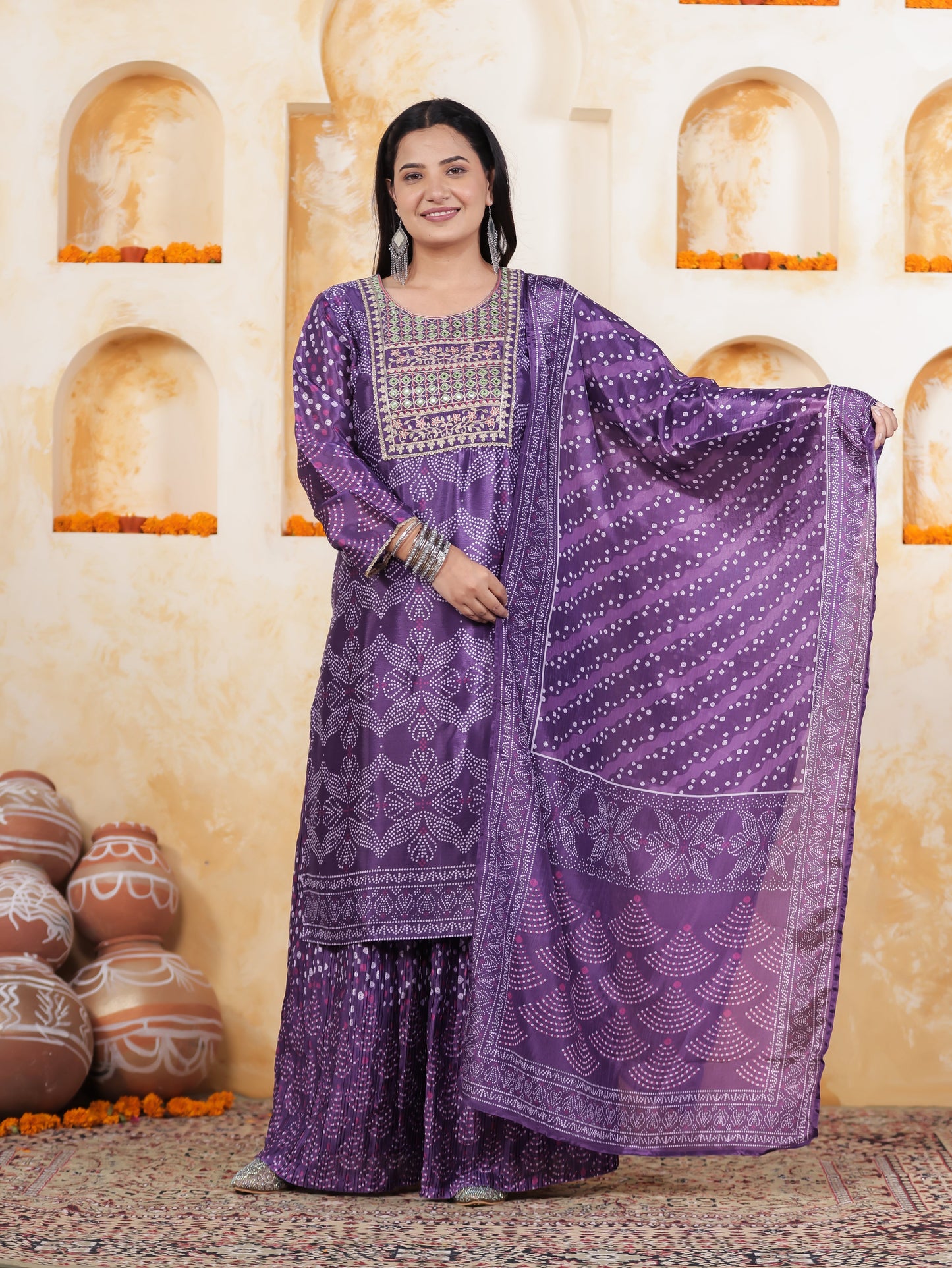 Mirror Embroidery Blue Border print Chanderi Straight Kurta