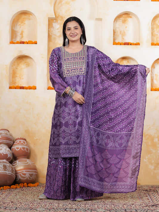 Mirror Embroidery Blue Border print Chanderi Straight Kurta