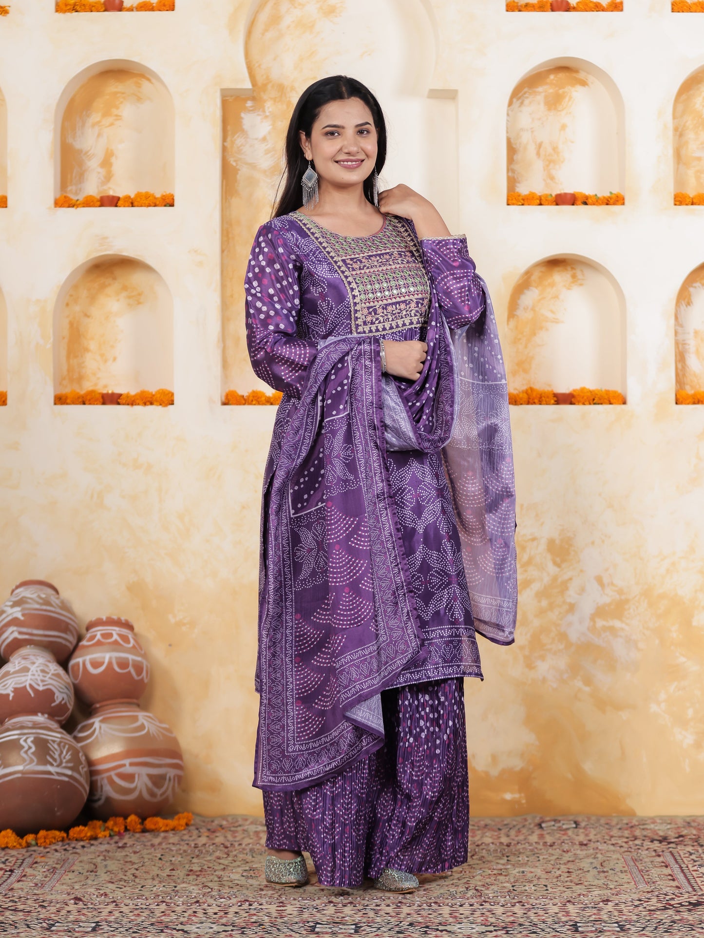 Mirror Embroidery Blue Border print Chanderi Straight Kurta