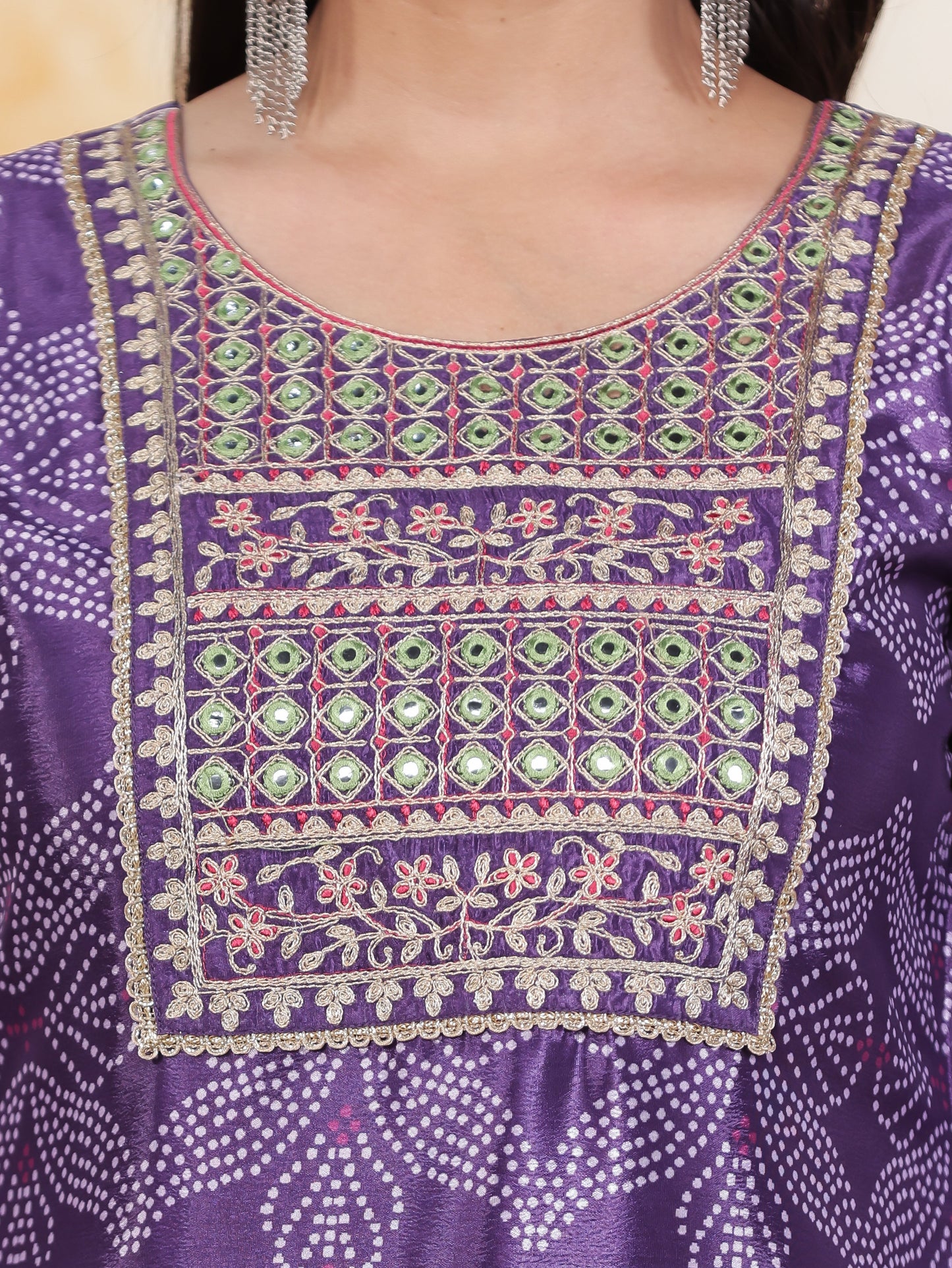 Mirror Embroidery Blue Border print Chanderi Straight Kurta