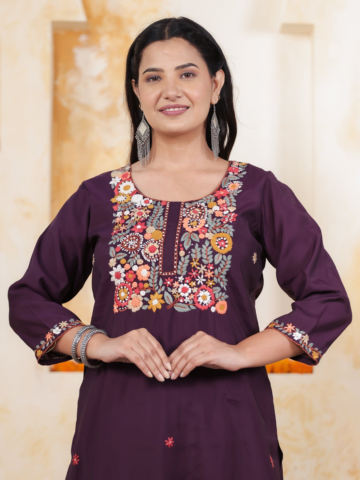 Thread Embroidery Wine Chanderi Straight Kurta