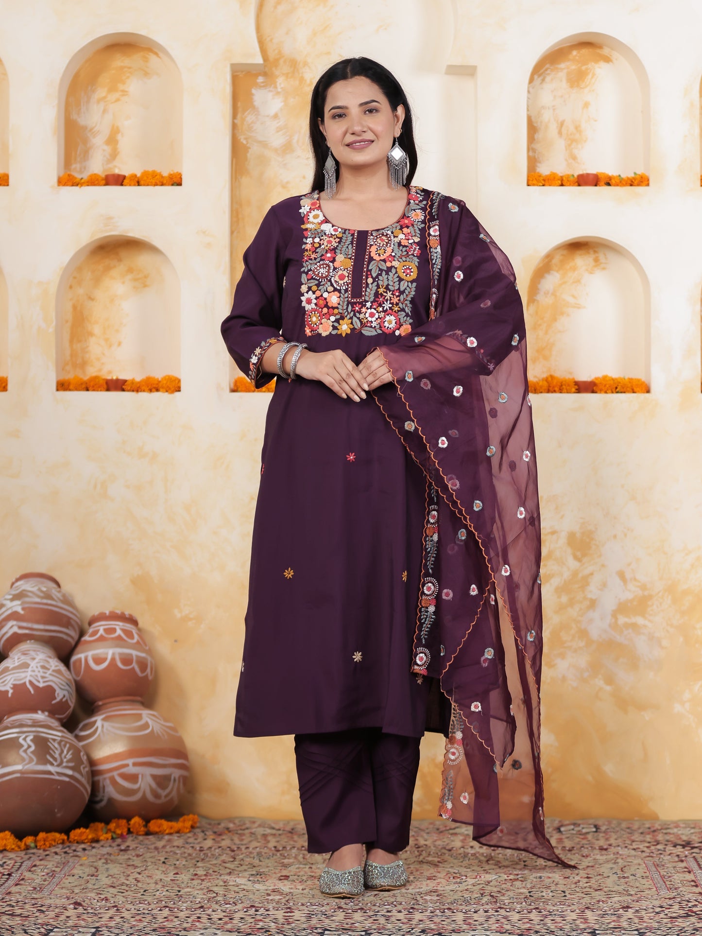 Thread Embroidery Wine Chanderi Straight Kurta