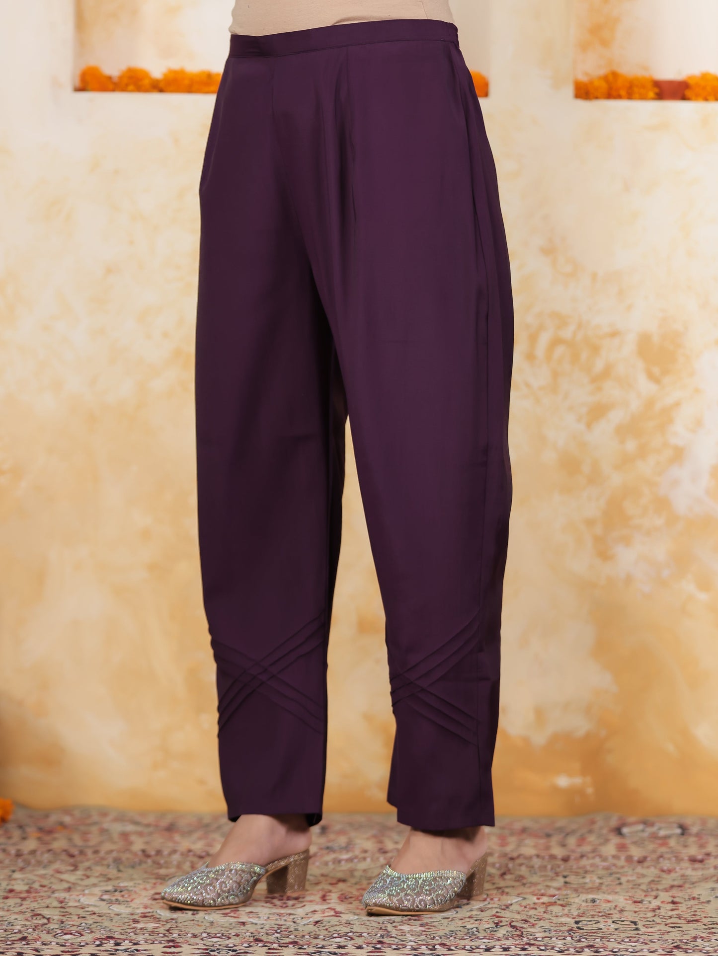 Thread Embroidery Wine Chanderi Straight Kurta