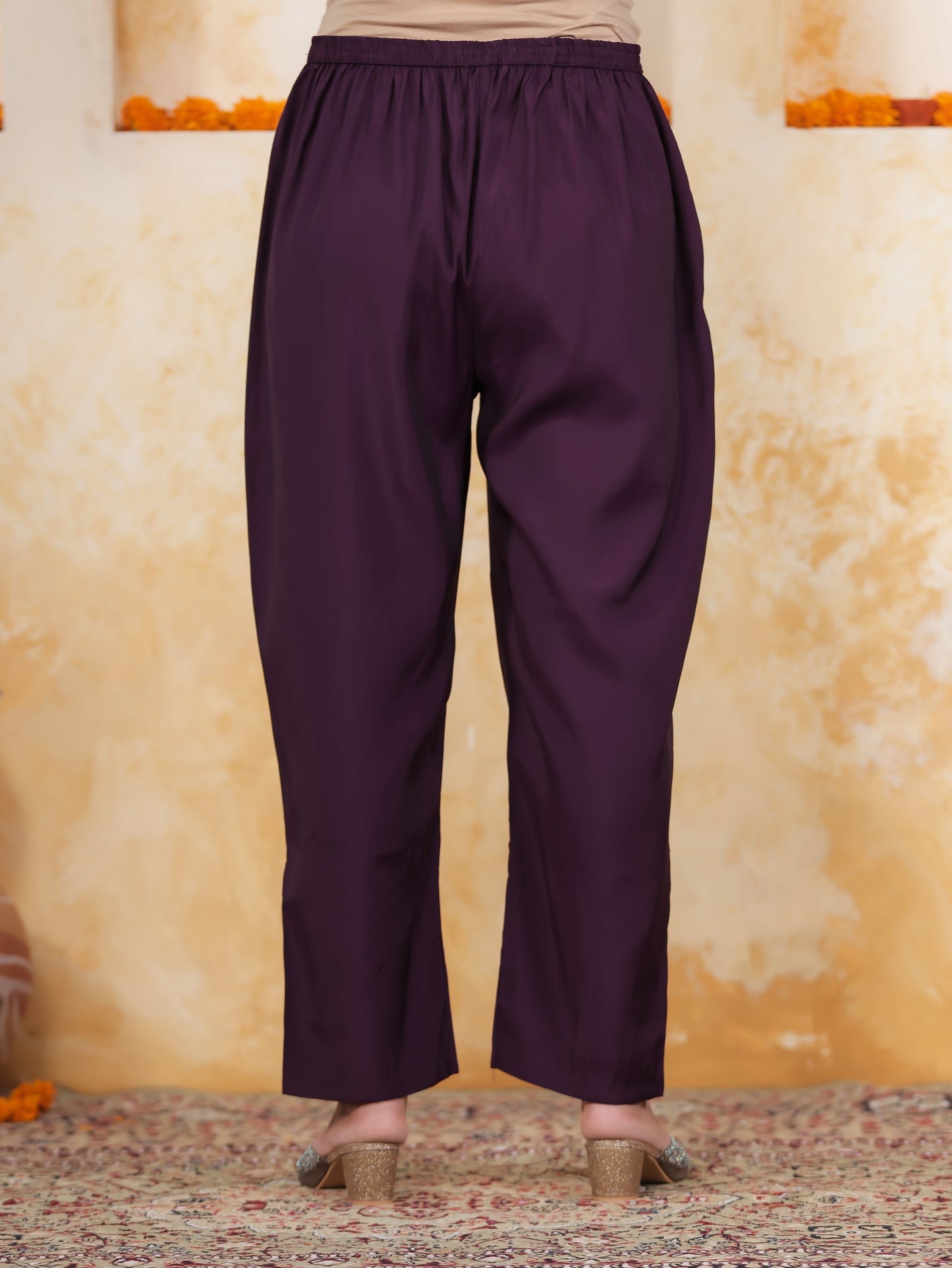 Thread Embroidery Wine Chanderi Straight Kurta