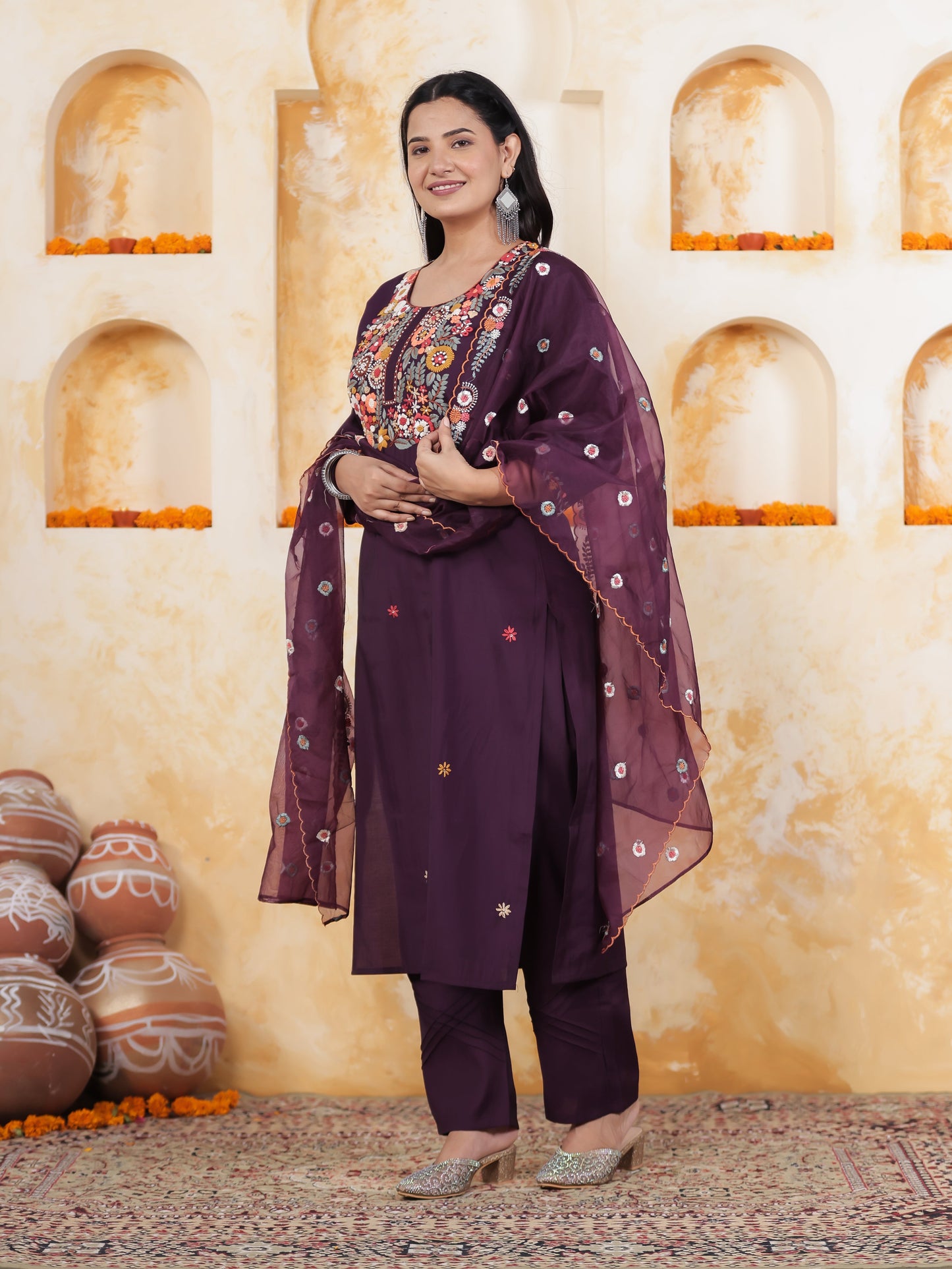 Thread Embroidery Wine Chanderi Straight Kurta