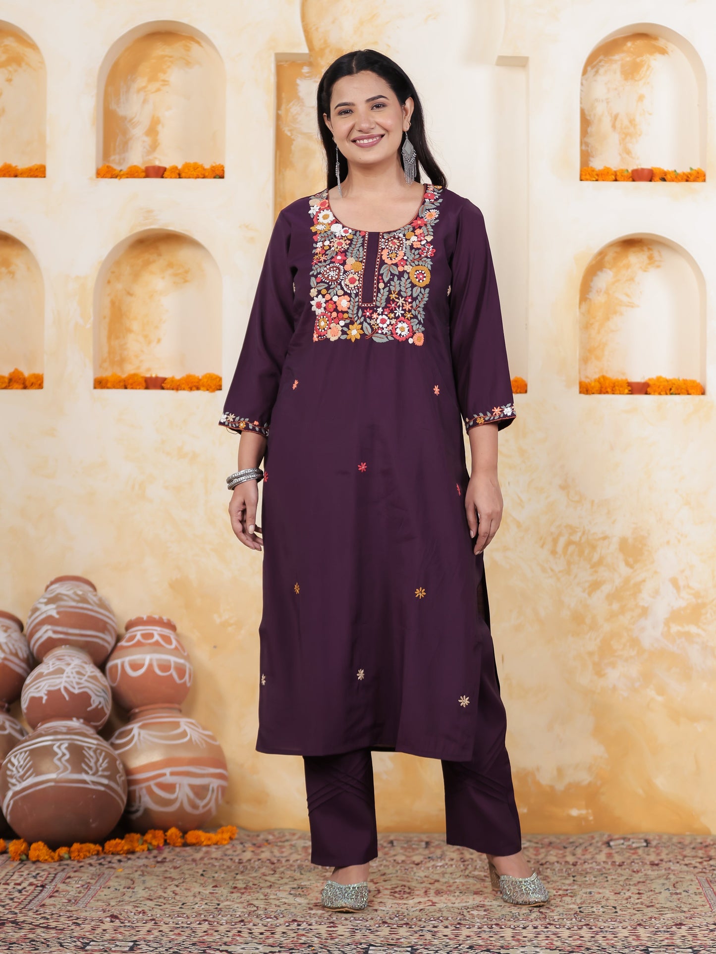 Thread Embroidery Wine Chanderi Straight Kurta