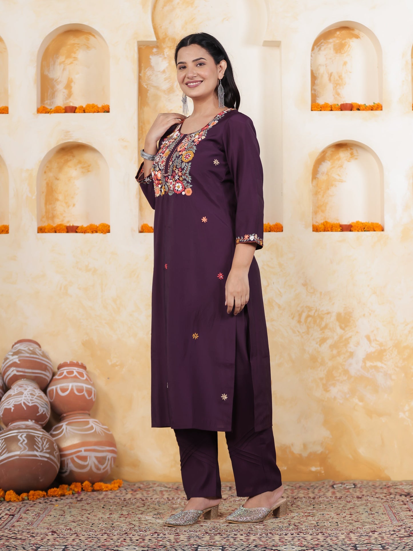 Thread Embroidery Wine Chanderi Straight Kurta