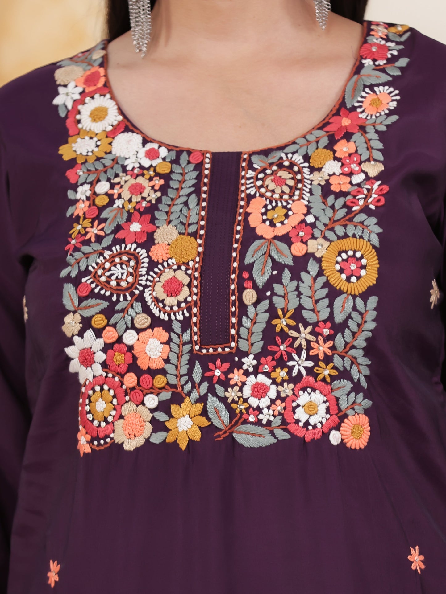 Thread Embroidery Wine Chanderi Straight Kurta