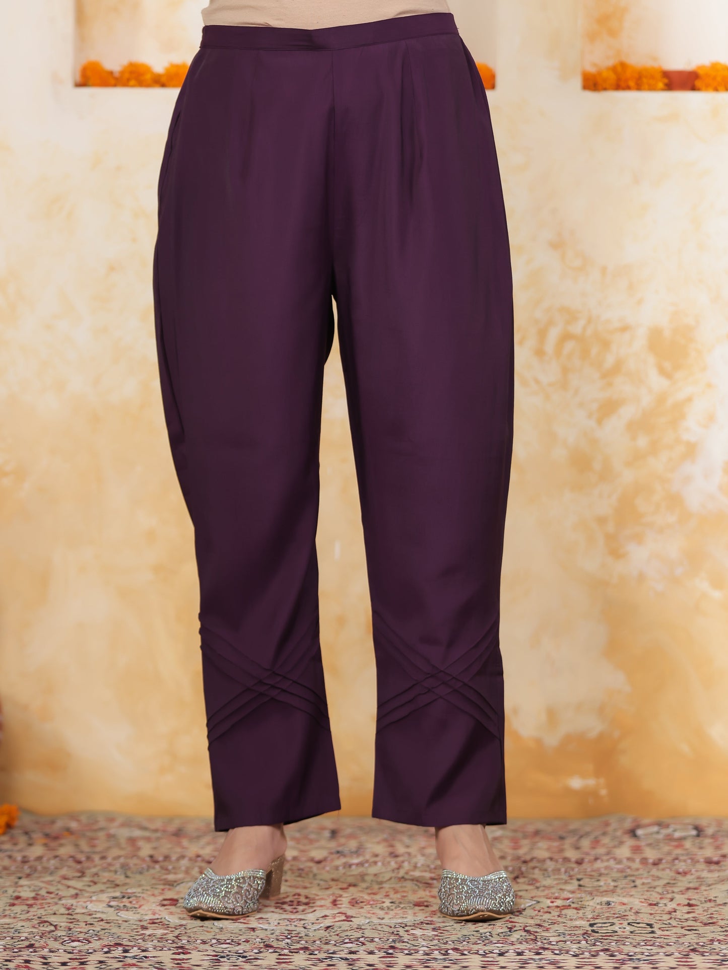 Thread Embroidery Wine Chanderi Straight Kurta