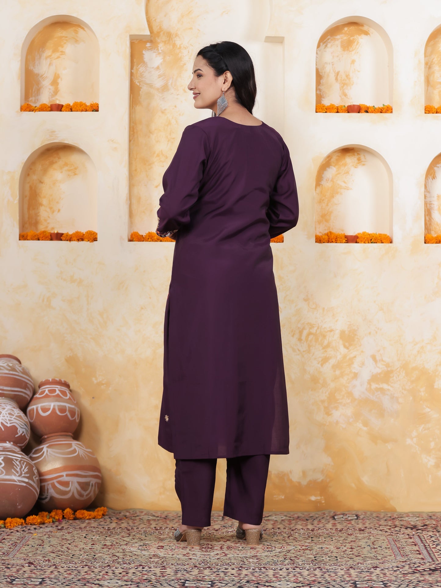 Thread Embroidery Wine Chanderi Straight Kurta