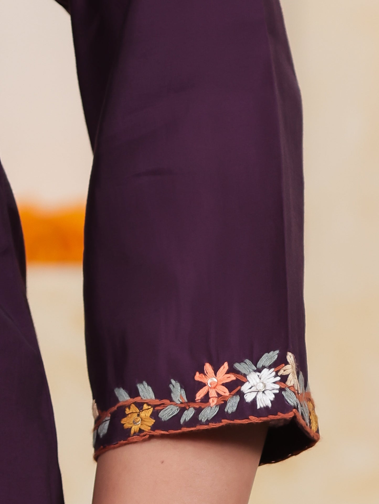 Thread Embroidery Wine Chanderi Straight Kurta