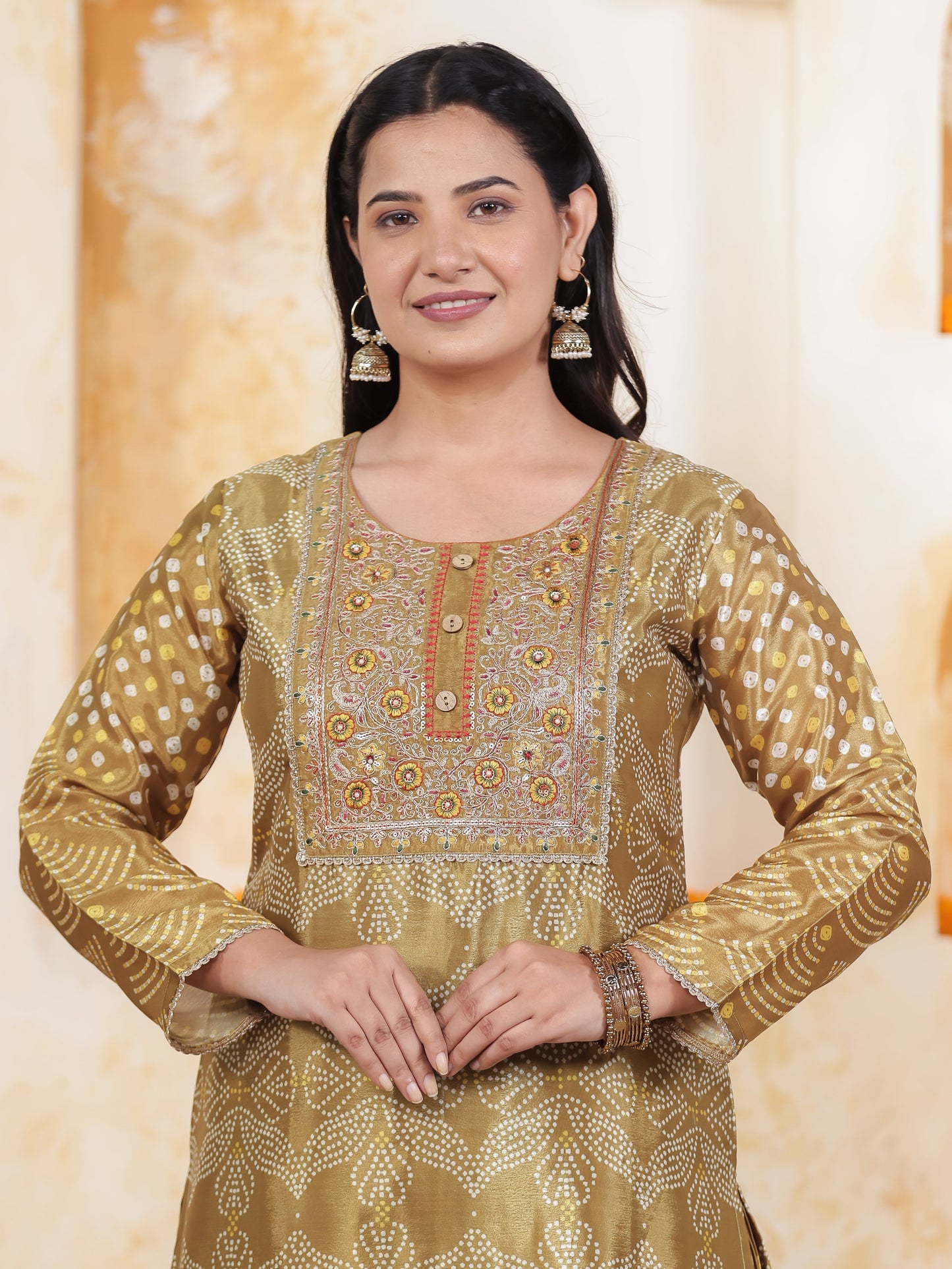 Mirror Embroidery Green Border print Chanderi Straight Kurta