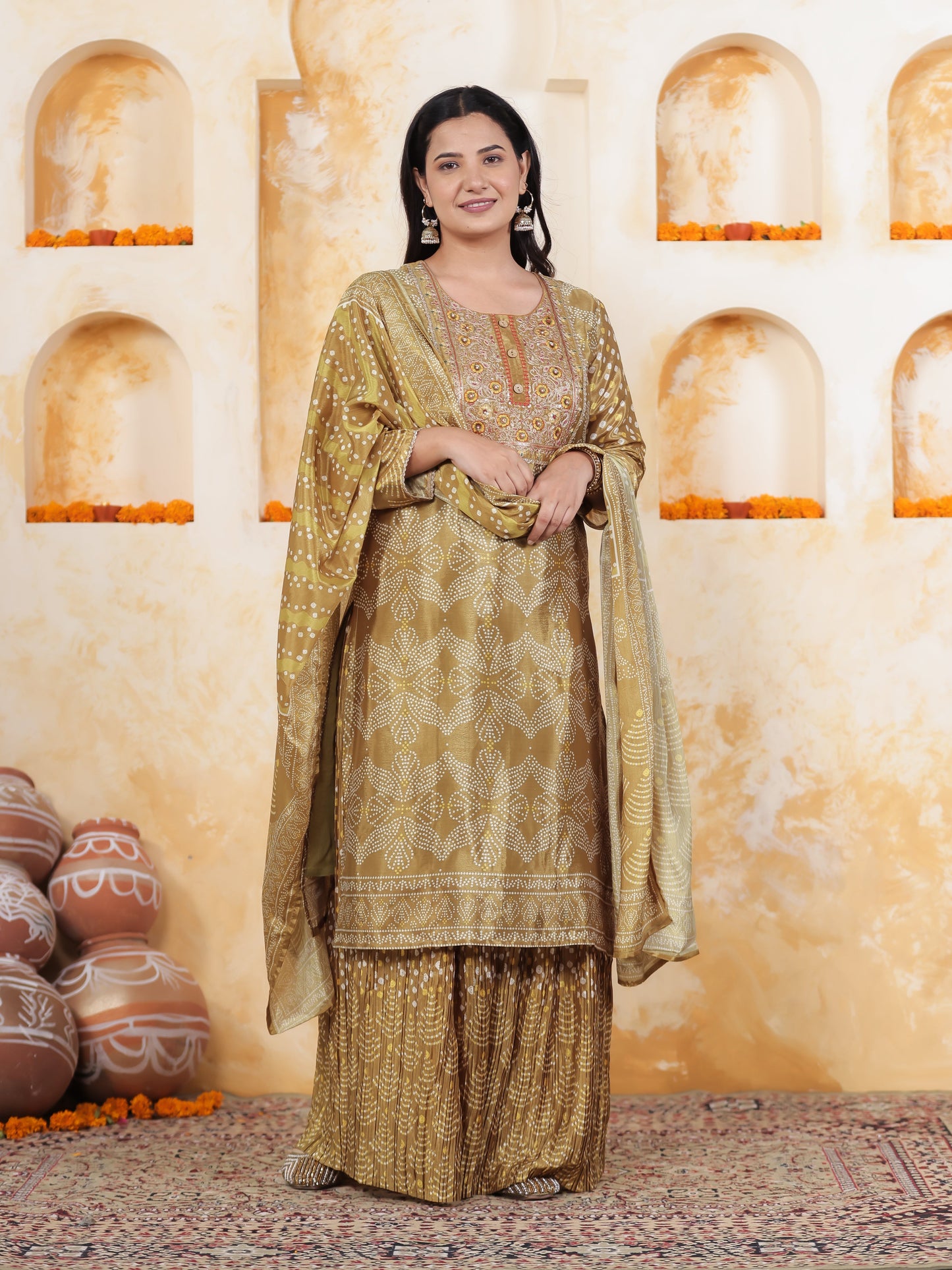 Mirror Embroidery Green Border print Chanderi Straight Kurta