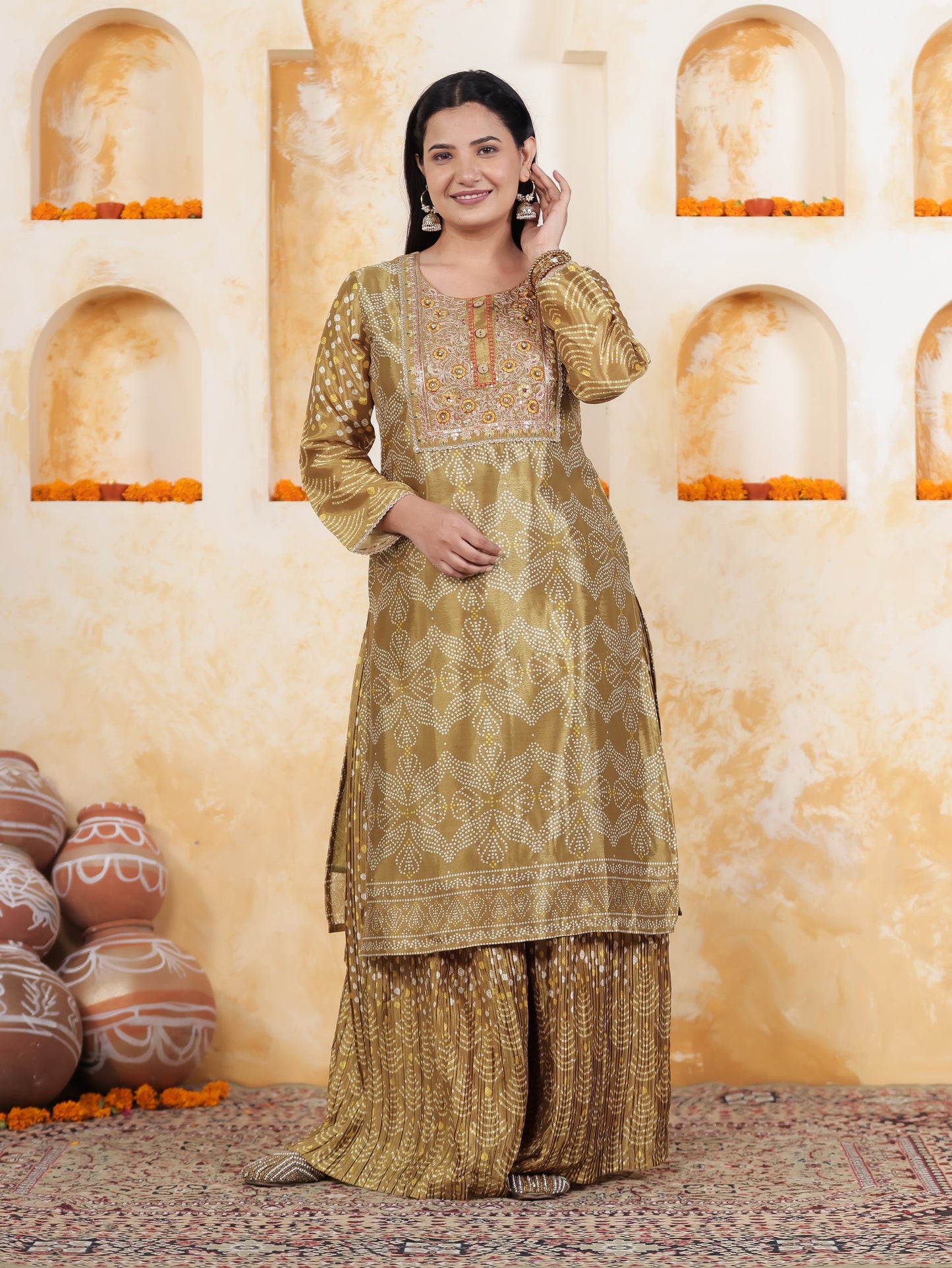 Mirror Embroidery Green Border print Chanderi Straight Kurta