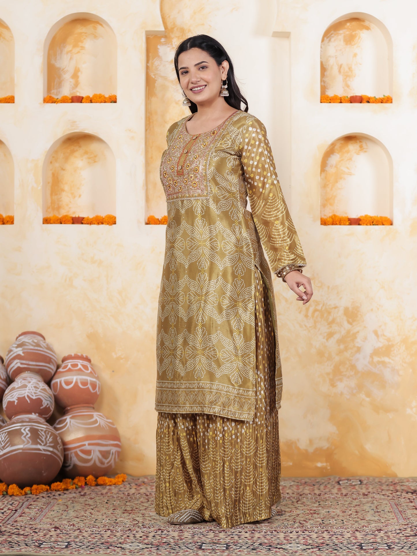 Mirror Embroidery Green Border print Chanderi Straight Kurta