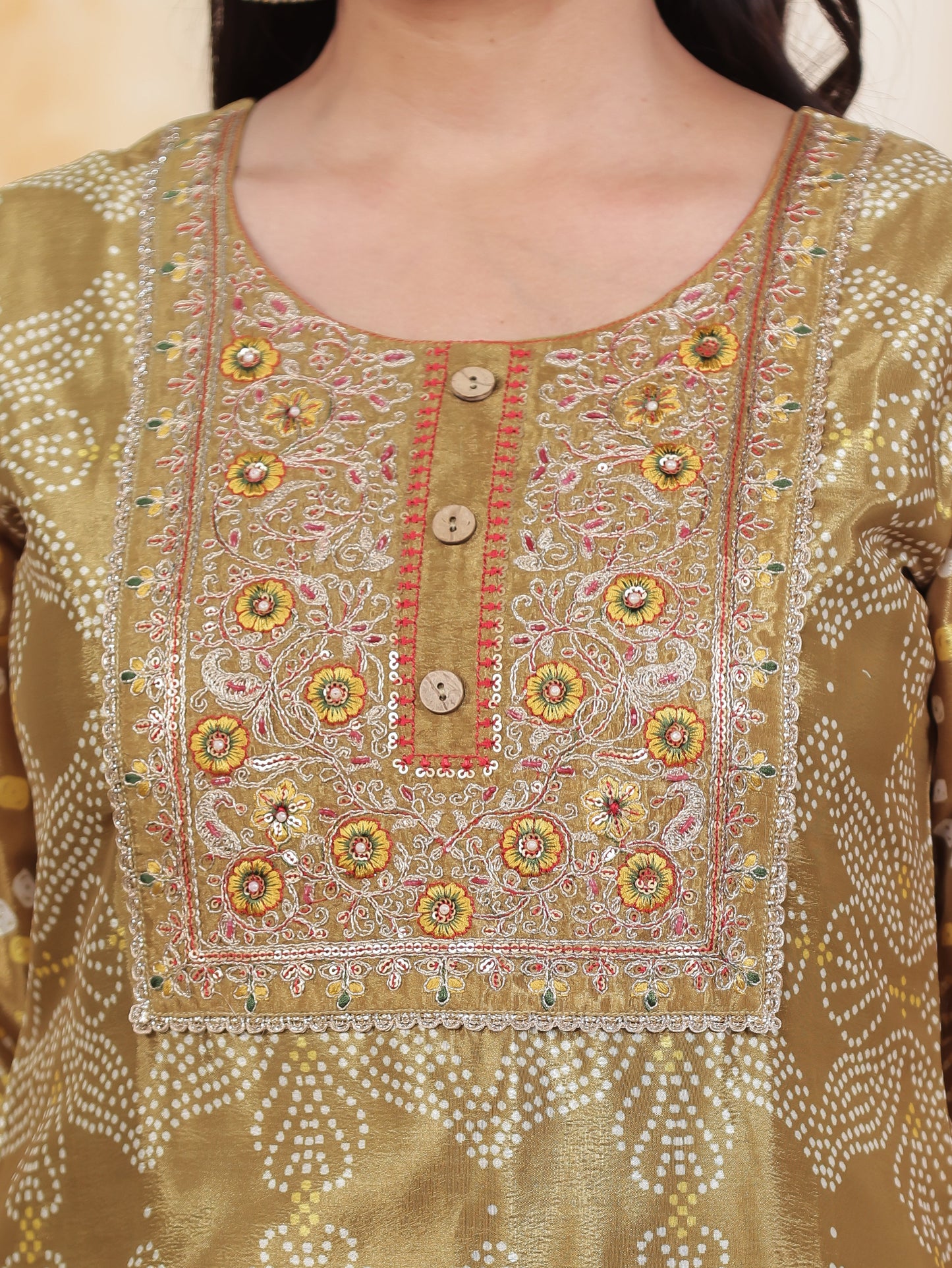 Mirror Embroidery Green Border print Chanderi Straight Kurta