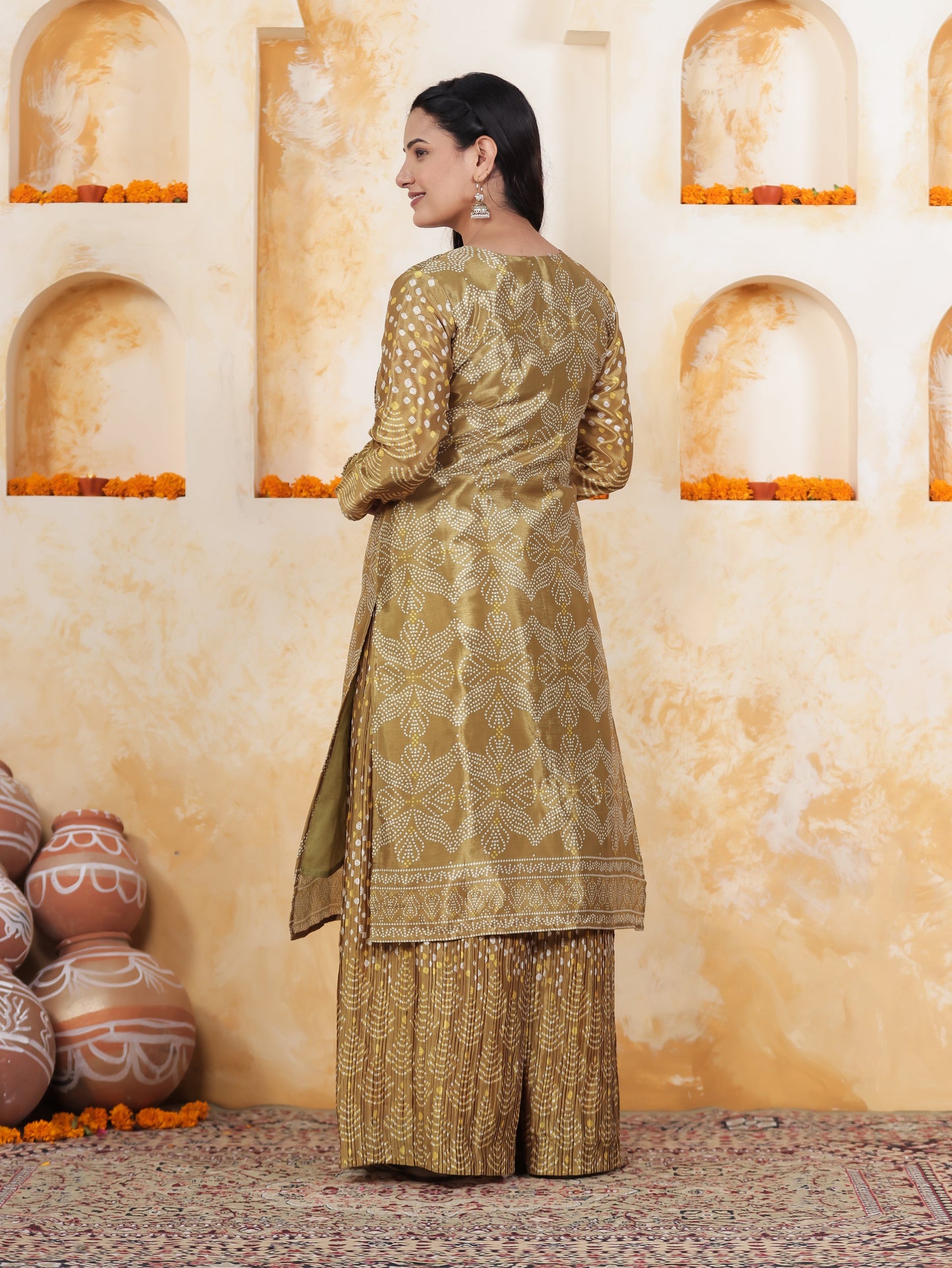 Mirror Embroidery Green Border print Chanderi Straight Kurta