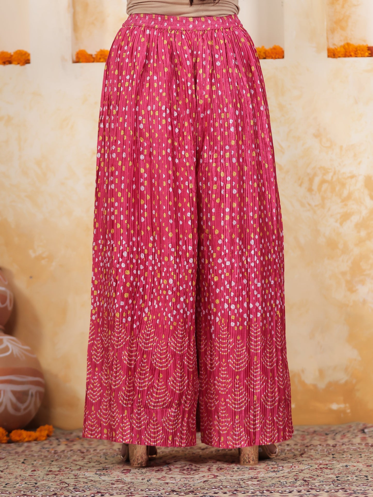 Mirror Embroidery Pink Border print Chanderi Straight Kurta