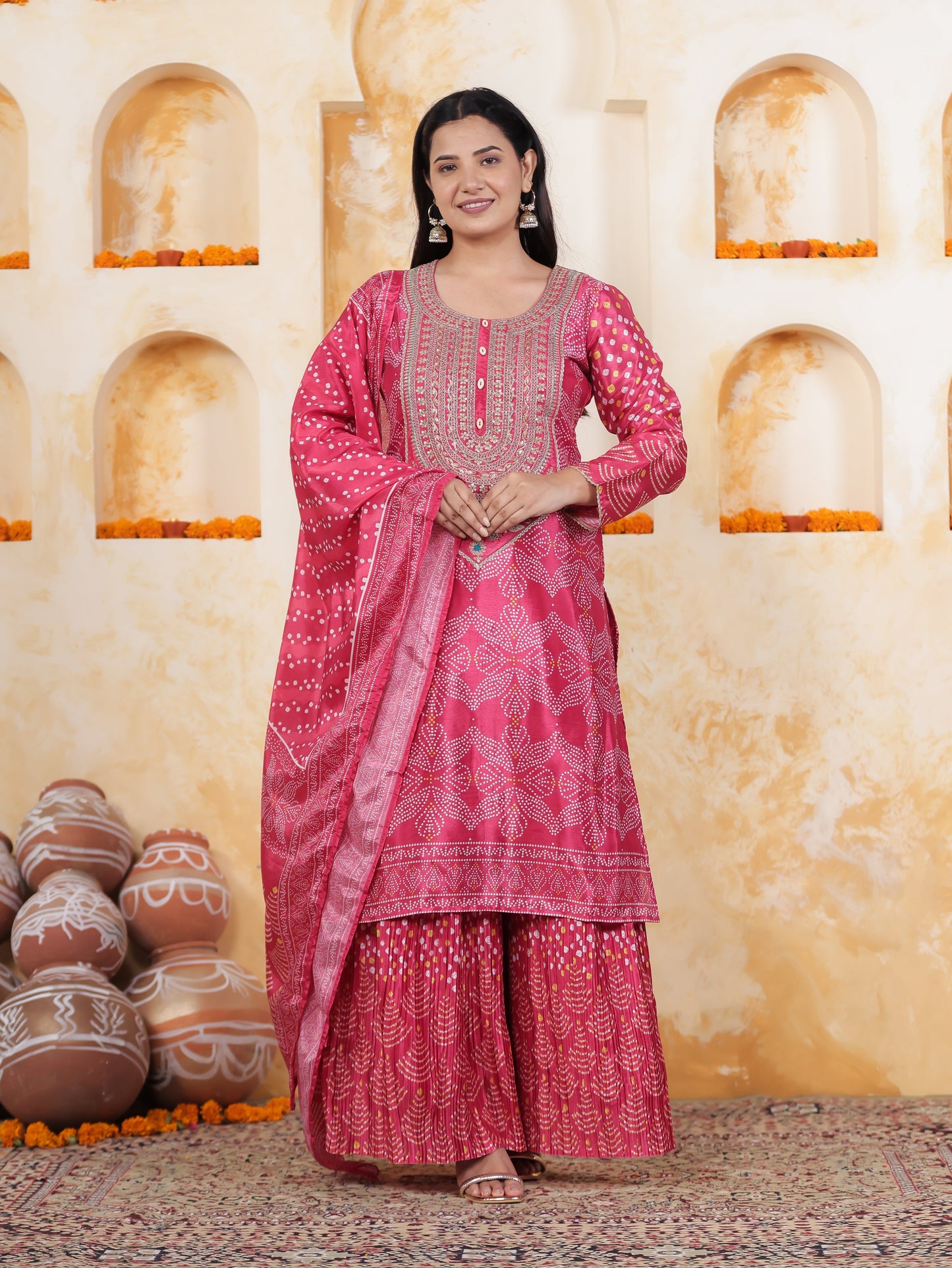 Mirror Embroidery Pink Border print Chanderi Straight Kurta