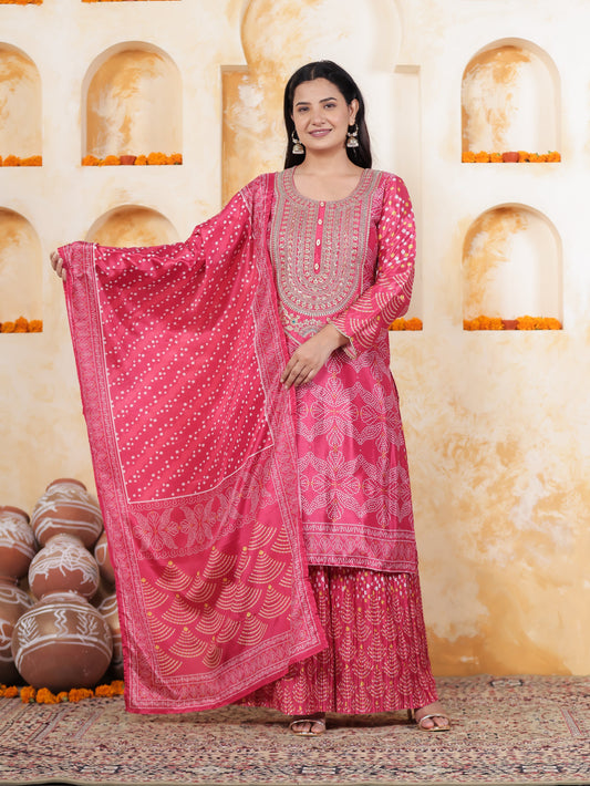 Mirror Embroidery Pink Border print Chanderi Straight Kurta