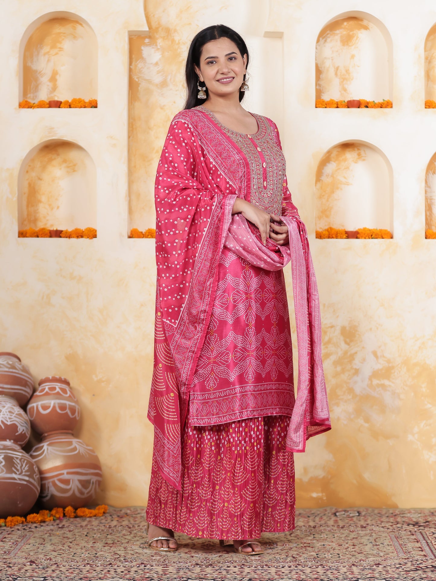 Mirror Embroidery Pink Border print Chanderi Straight Kurta