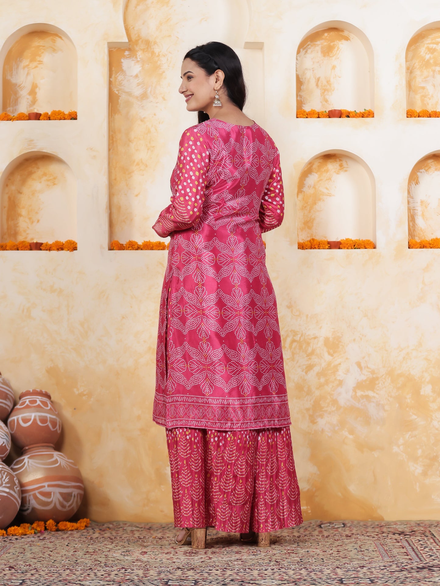 Mirror Embroidery Pink Border print Chanderi Straight Kurta