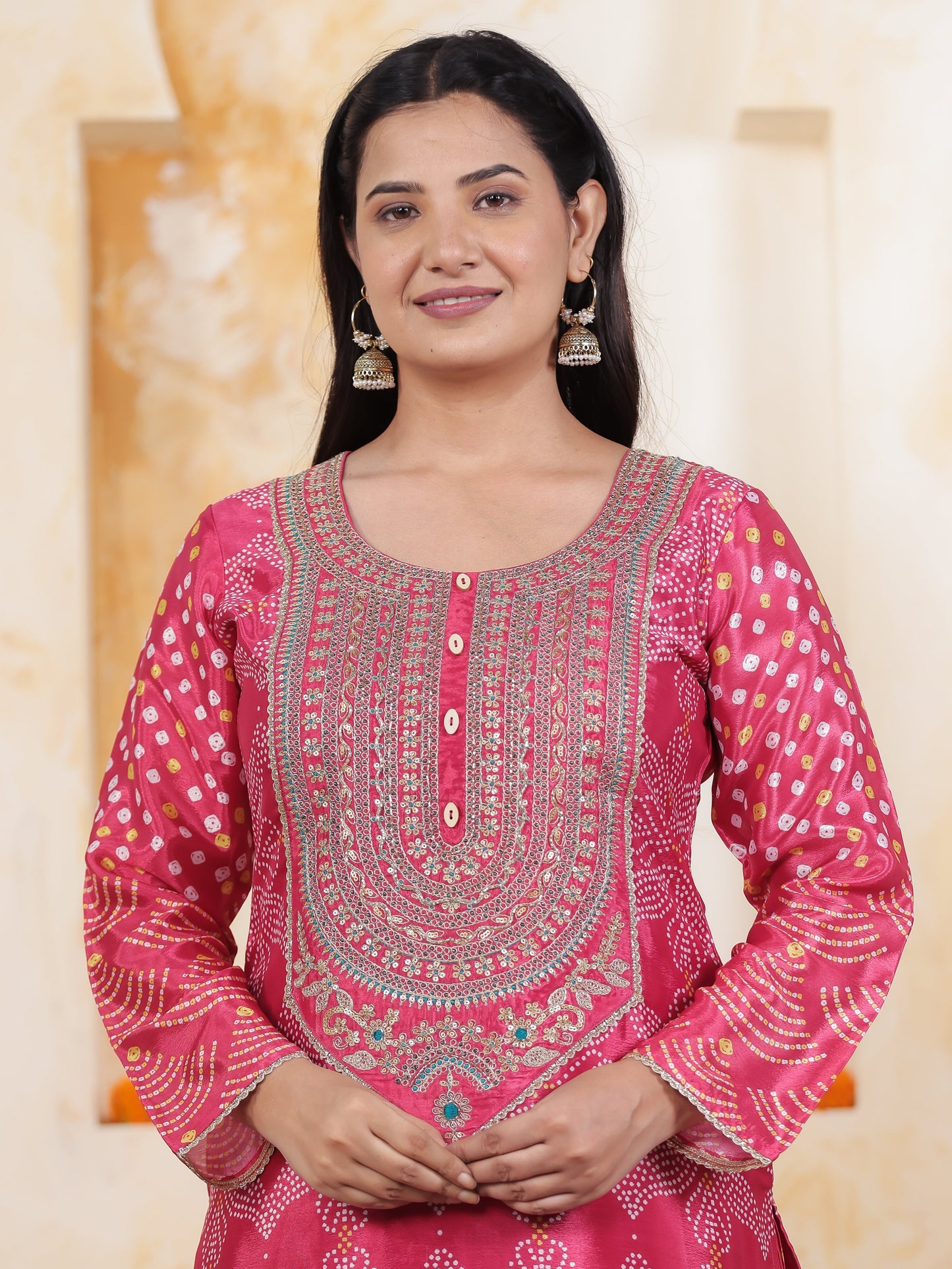 Mirror Embroidery Pink Border print Chanderi Straight Kurta