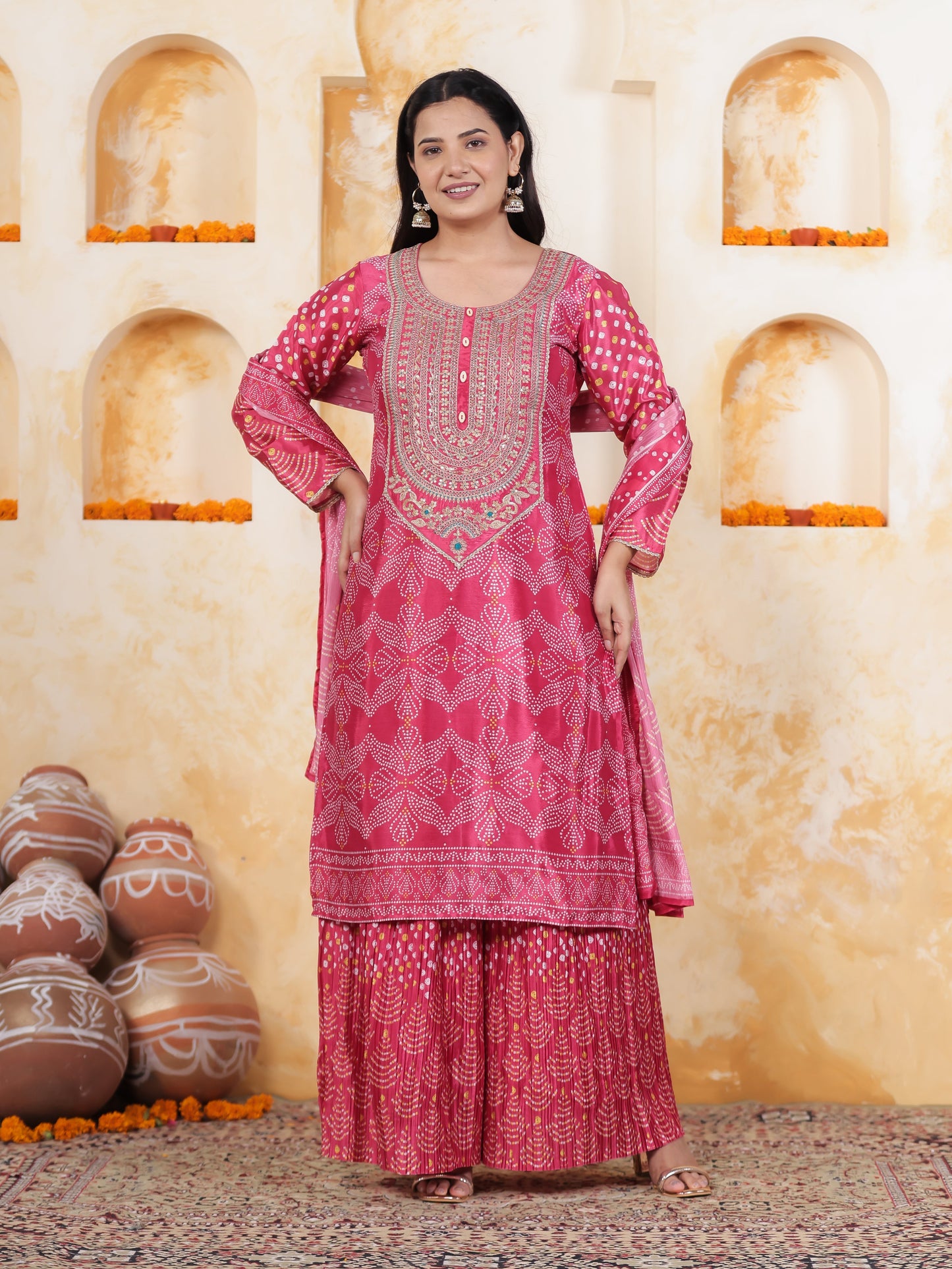 Mirror Embroidery Pink Border print Chanderi Straight Kurta