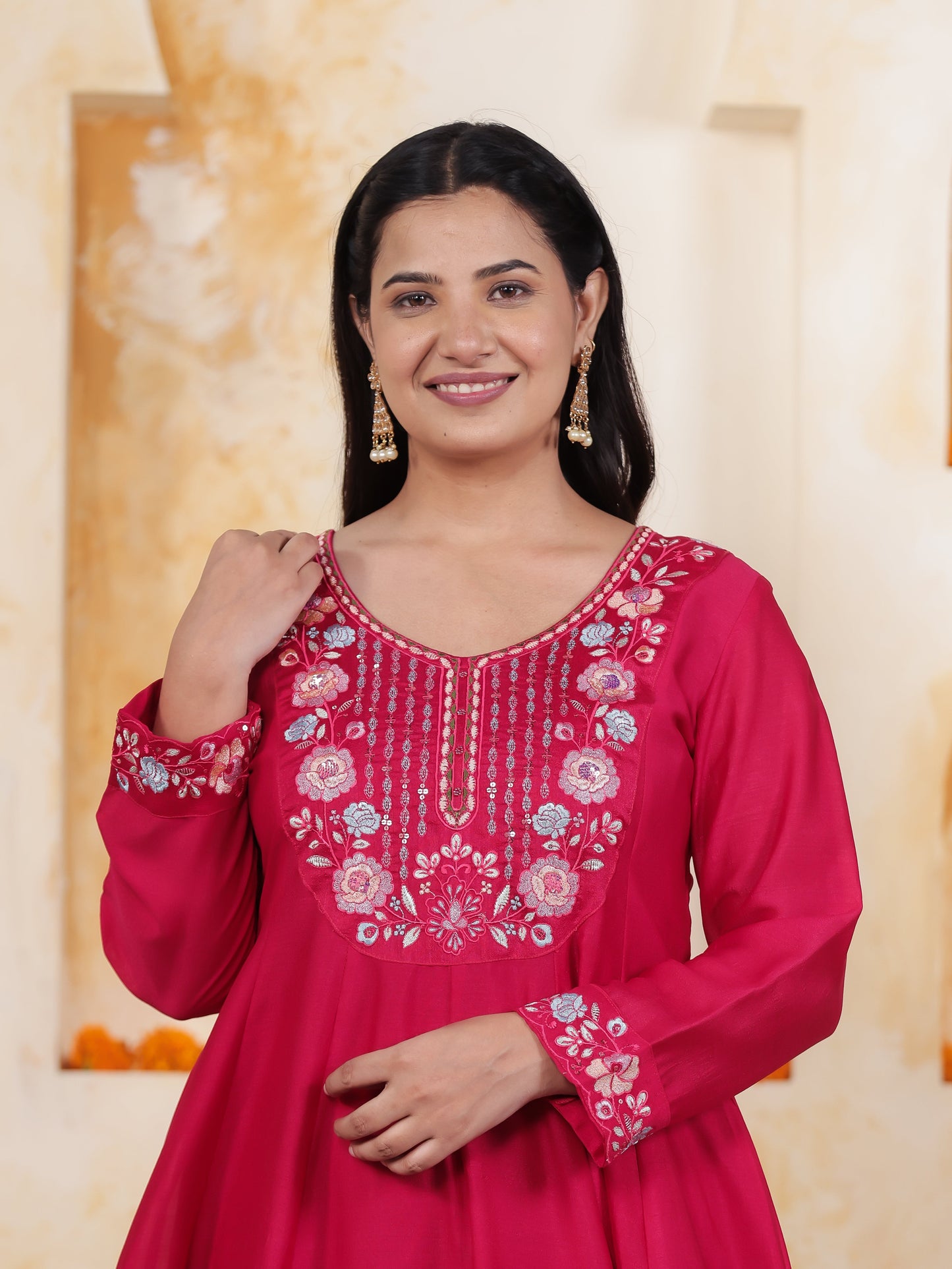 Embroidered Royal Pink Roman silk Anarkali Kurta