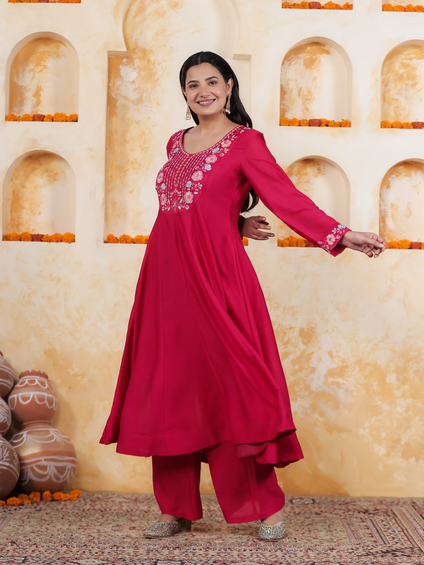 Embroidered Royal Pink Roman silk Anarkali Kurta