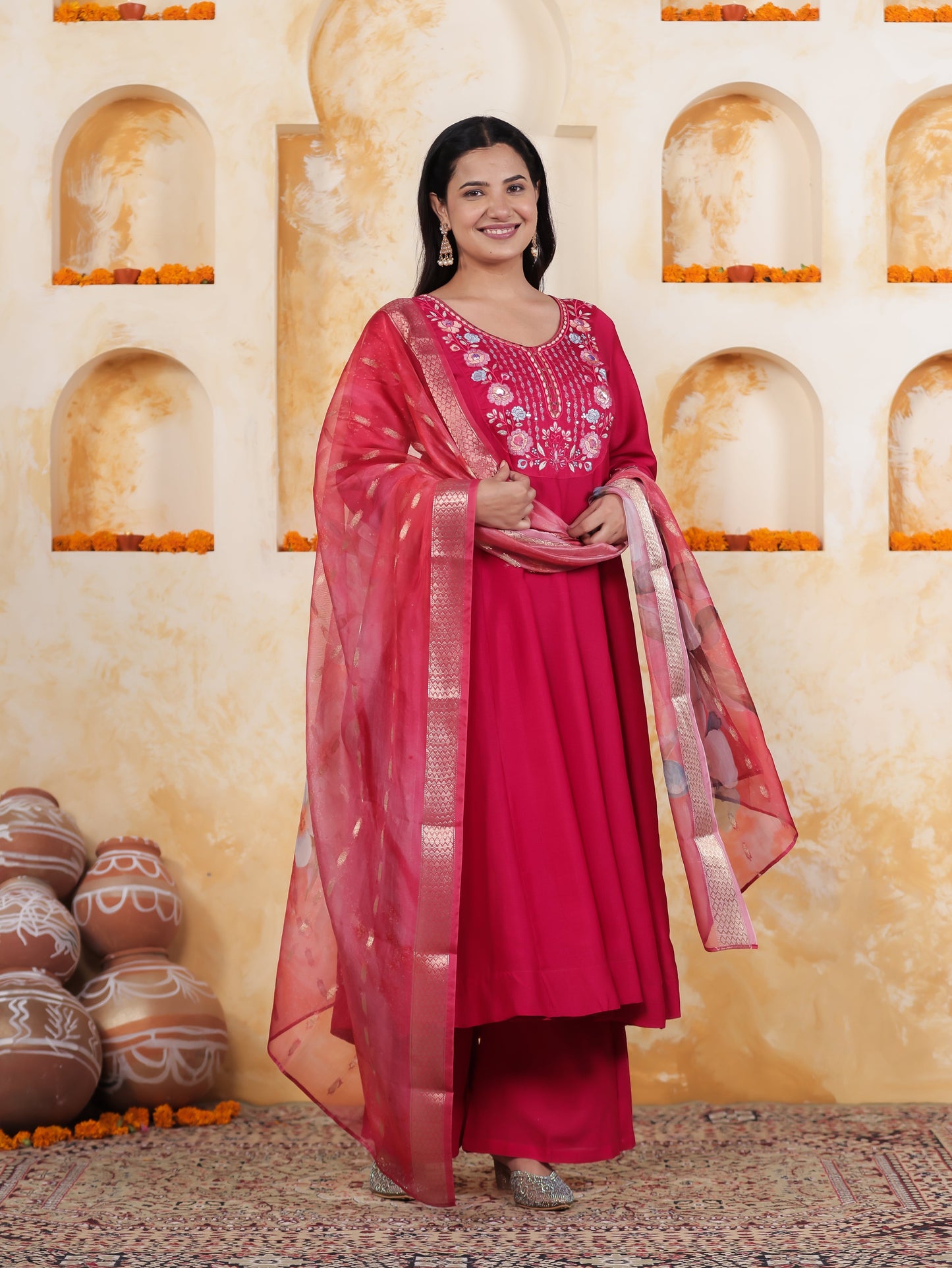 Embroidered Royal Pink Roman silk Anarkali Kurta