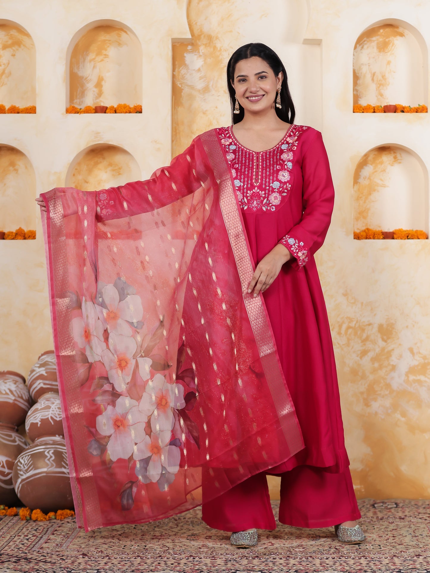 Embroidered Royal Pink Roman silk Anarkali Kurta