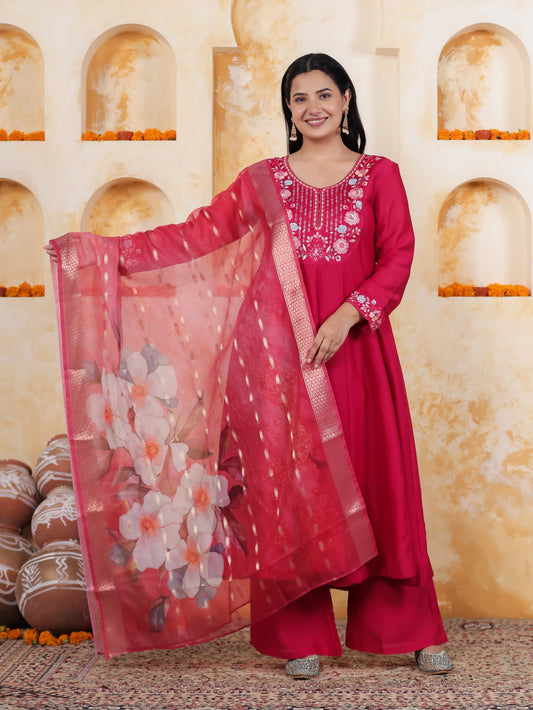 Embroidered Royal Pink Roman silk Anarkali Kurta
