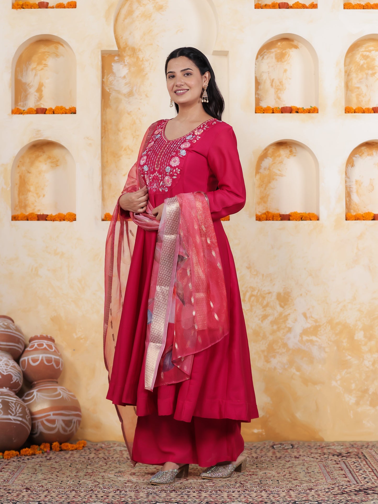 Embroidered Royal Pink Roman silk Anarkali Kurta