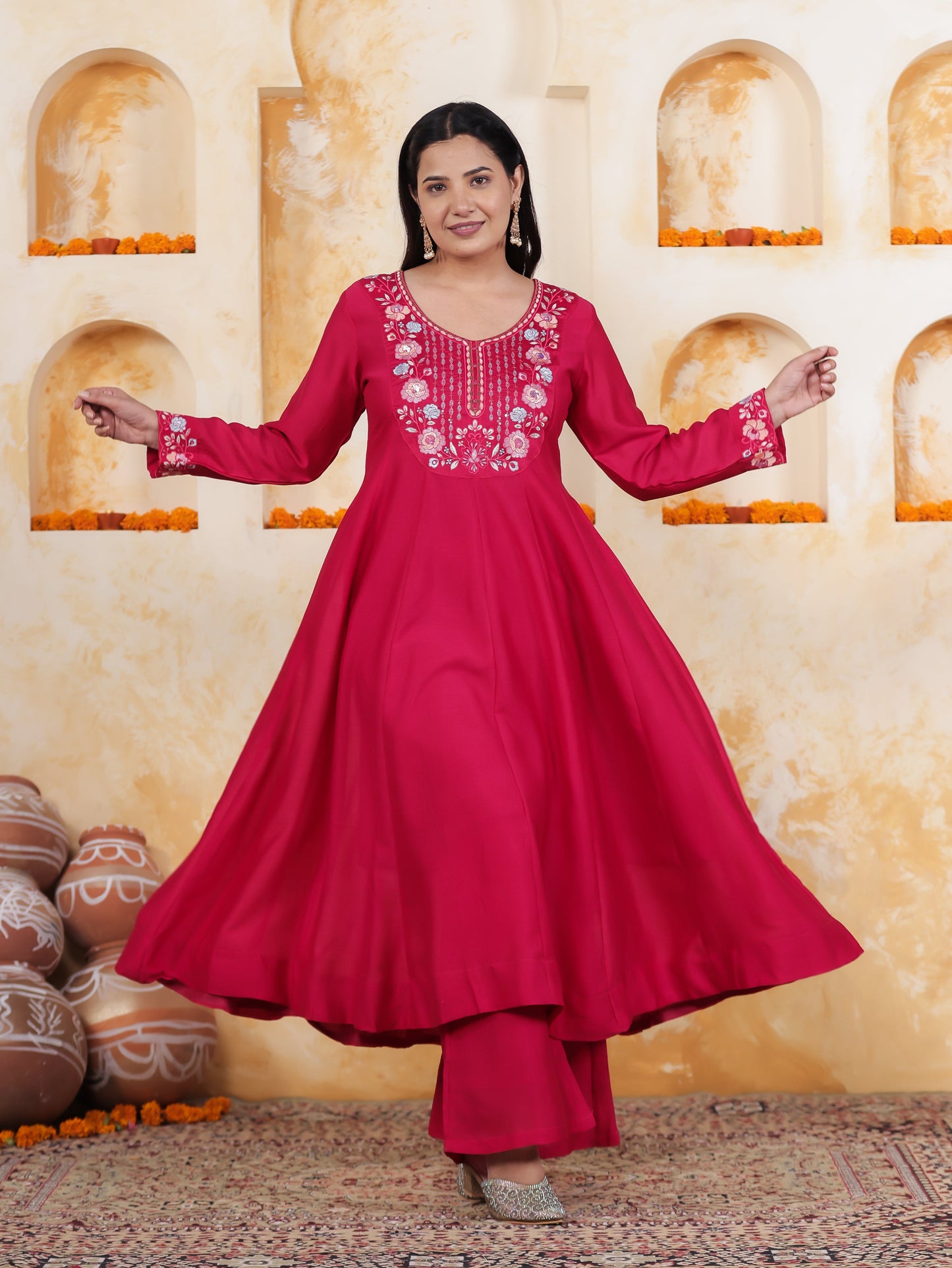 Embroidered Royal Pink Roman silk Anarkali Kurta
