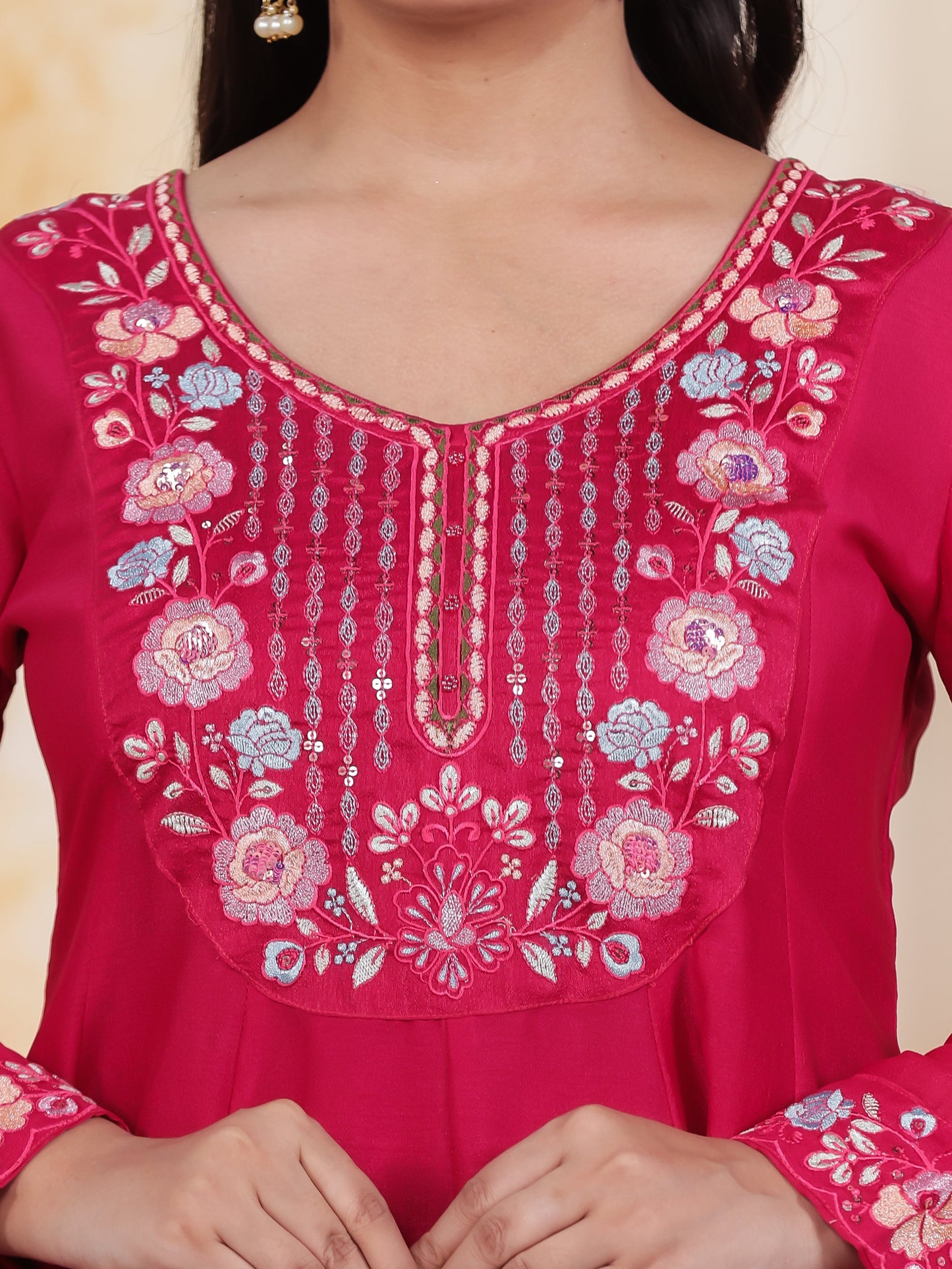 Embroidered Royal Pink Roman silk Anarkali Kurta