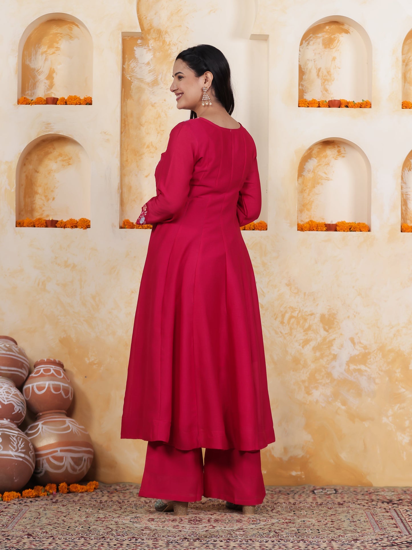 Embroidered Royal Pink Roman silk Anarkali Kurta