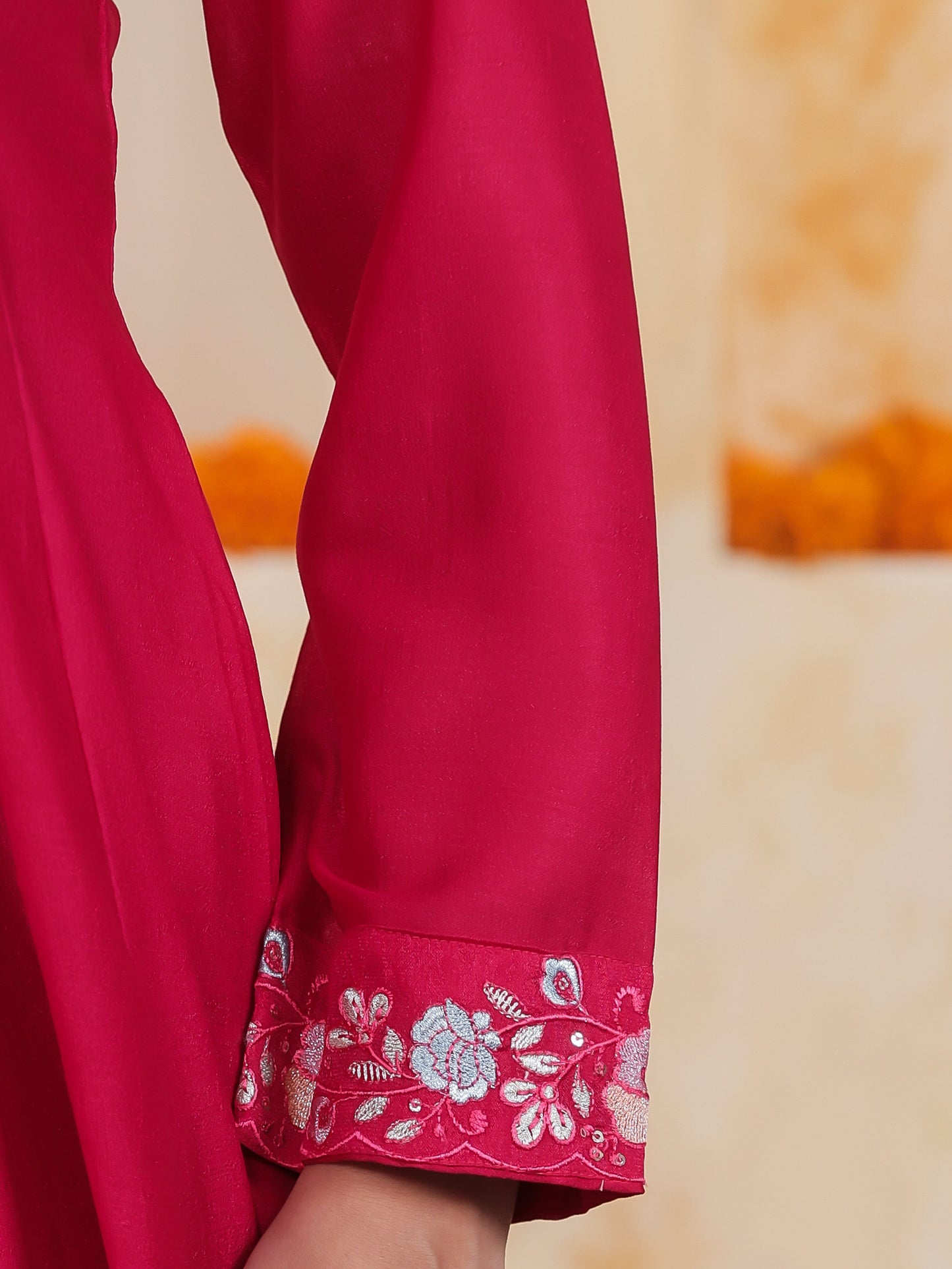 Embroidered Royal Pink Roman silk Anarkali Kurta