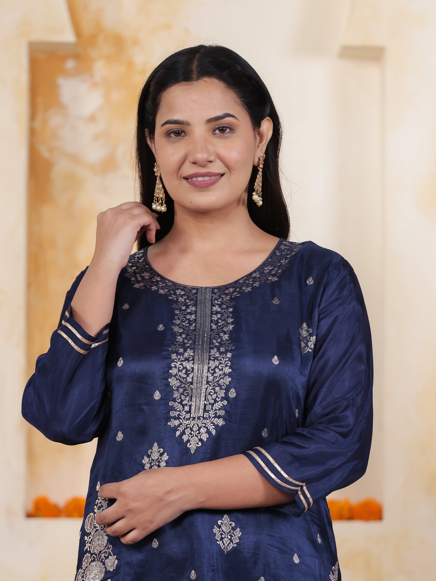 Embroidered Royal Blue Viscose Jacquard Straight Kurta