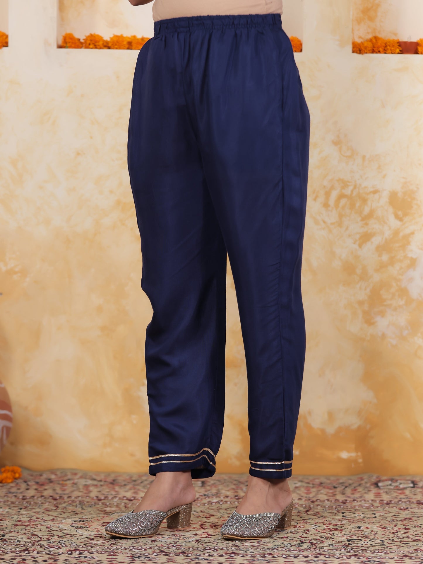 Embroidered Royal Blue Viscose Jacquard Straight Kurta