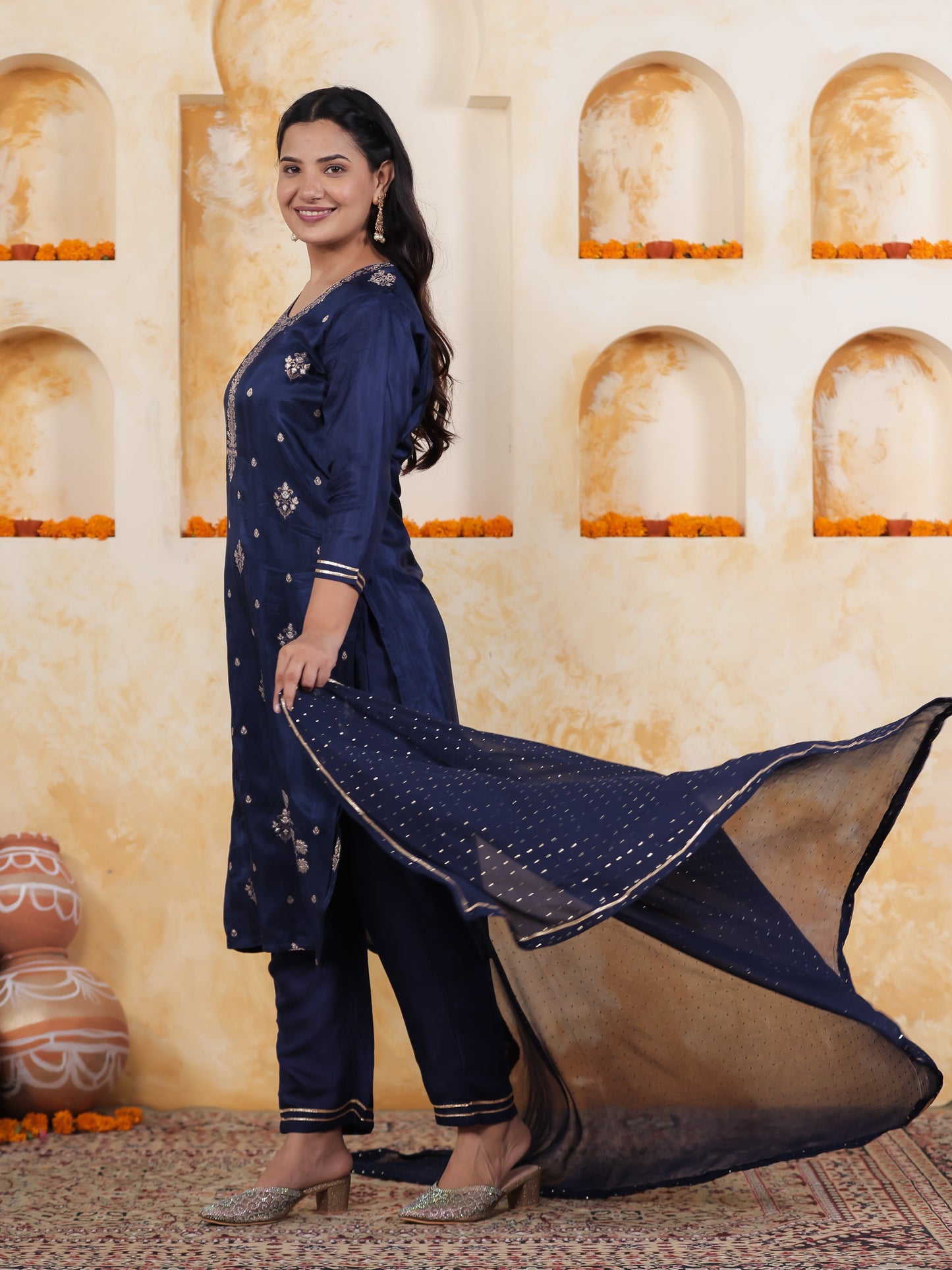 Embroidered Royal Blue Viscose Jacquard Straight Kurta