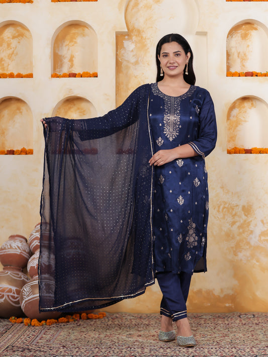 Embroidered Royal Blue Viscose Jacquard Straight Kurta