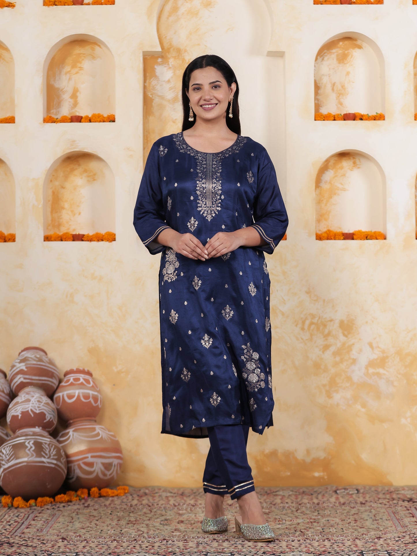 Embroidered Royal Blue Viscose Jacquard Straight Kurta